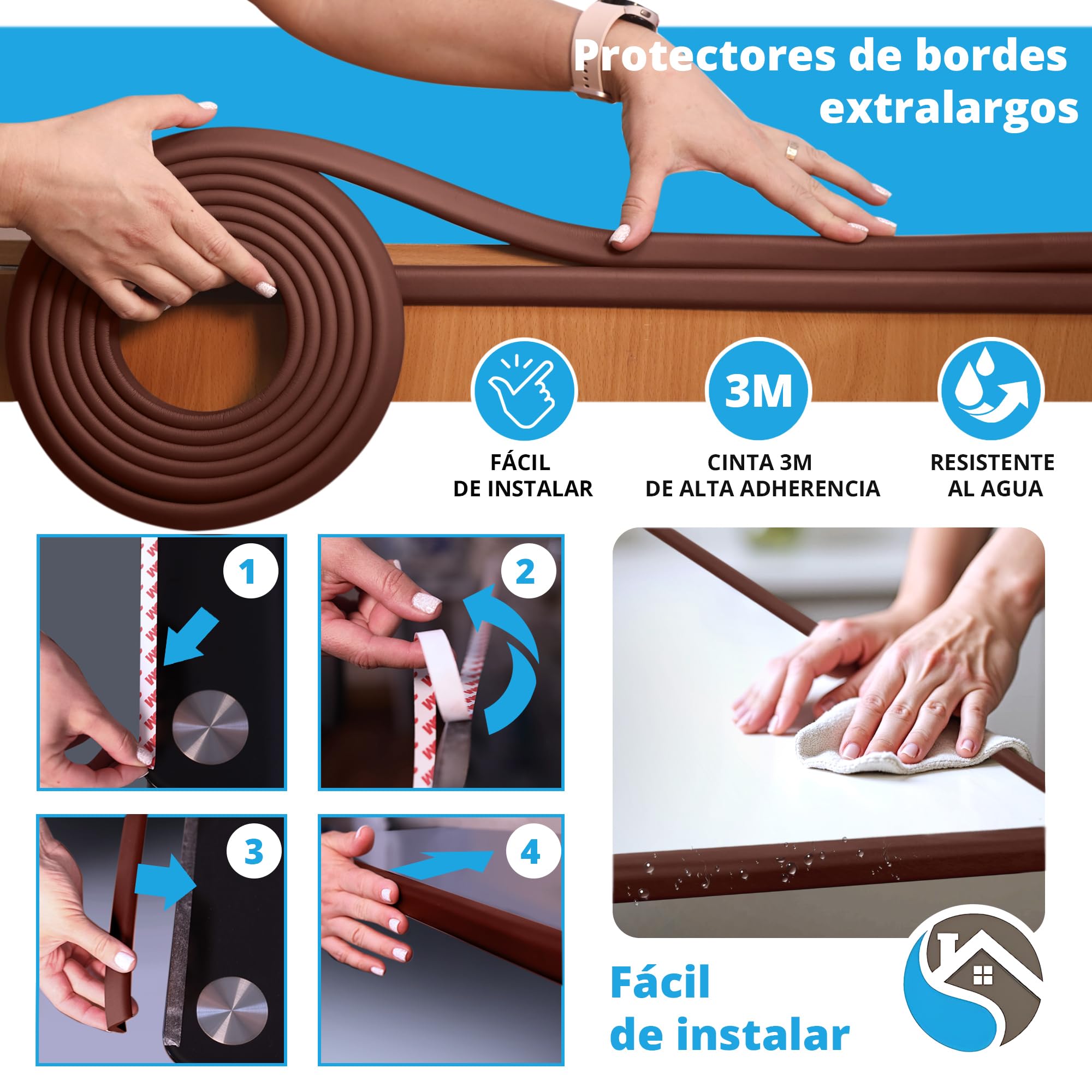 Protectores de Bordes para Muebles | Cojín de Espuma Protectora de 4,8 m | Juego de Impermeabilización para Bebés y Niños No tóxico y Seguro para Mesa, Chimenea, Encimera | Marrón