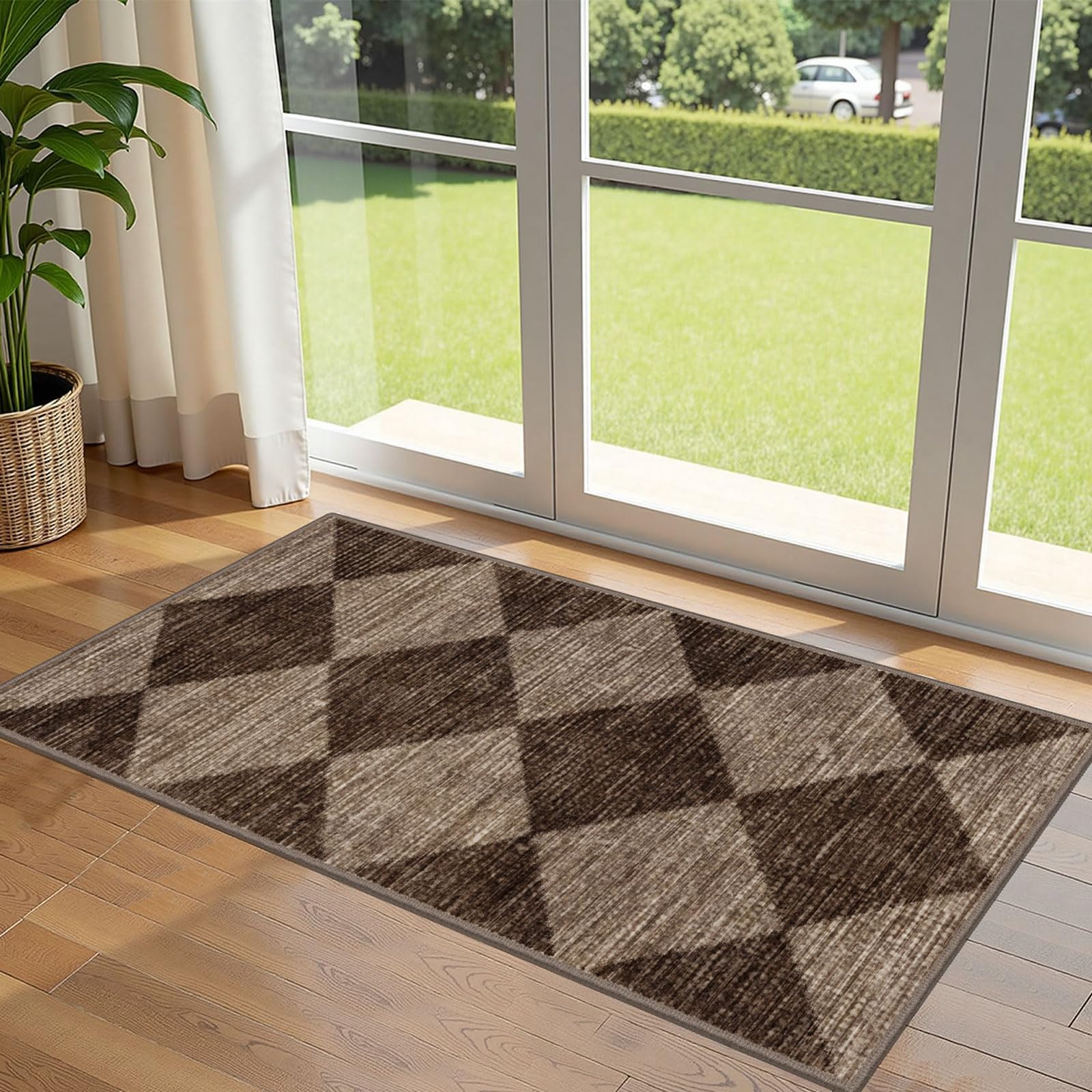 Othilic Front Door Mat Indoor Entrance - 2x4.3 Ft Brown Tan Non-Slip Washable Outdoor Porch Rug Doormats Geometric Checkered Diamond Runner Rug for Front Door Kitchen Hallway Bedroom Laundry Room — image 1