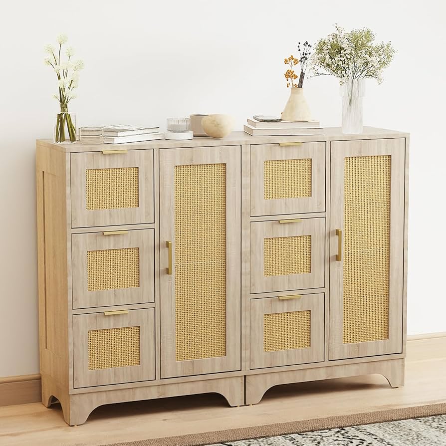 Amazon.co.jp: 籐製引き出しとドア付き収納キャビネット