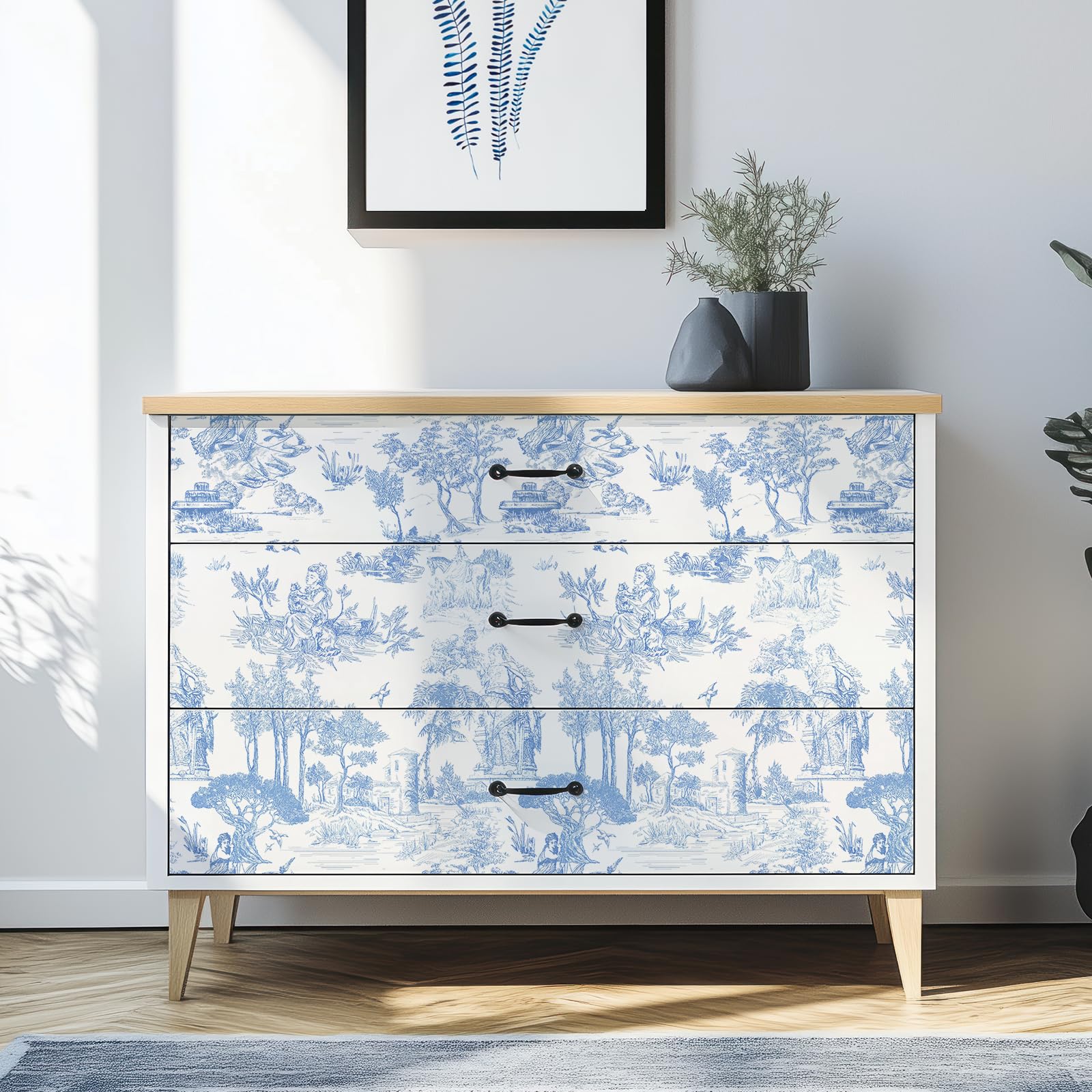 WENMER Toile Wallpaper, 17.7" X 590" Pink and White Peel and Stick Wall Paper, Toile de Jouy Wallpaper, French Vintage Contact Paper for Bedroom, Walls, Backdrop, Cabinet, Home Decor: 17.7" x 394" Blue