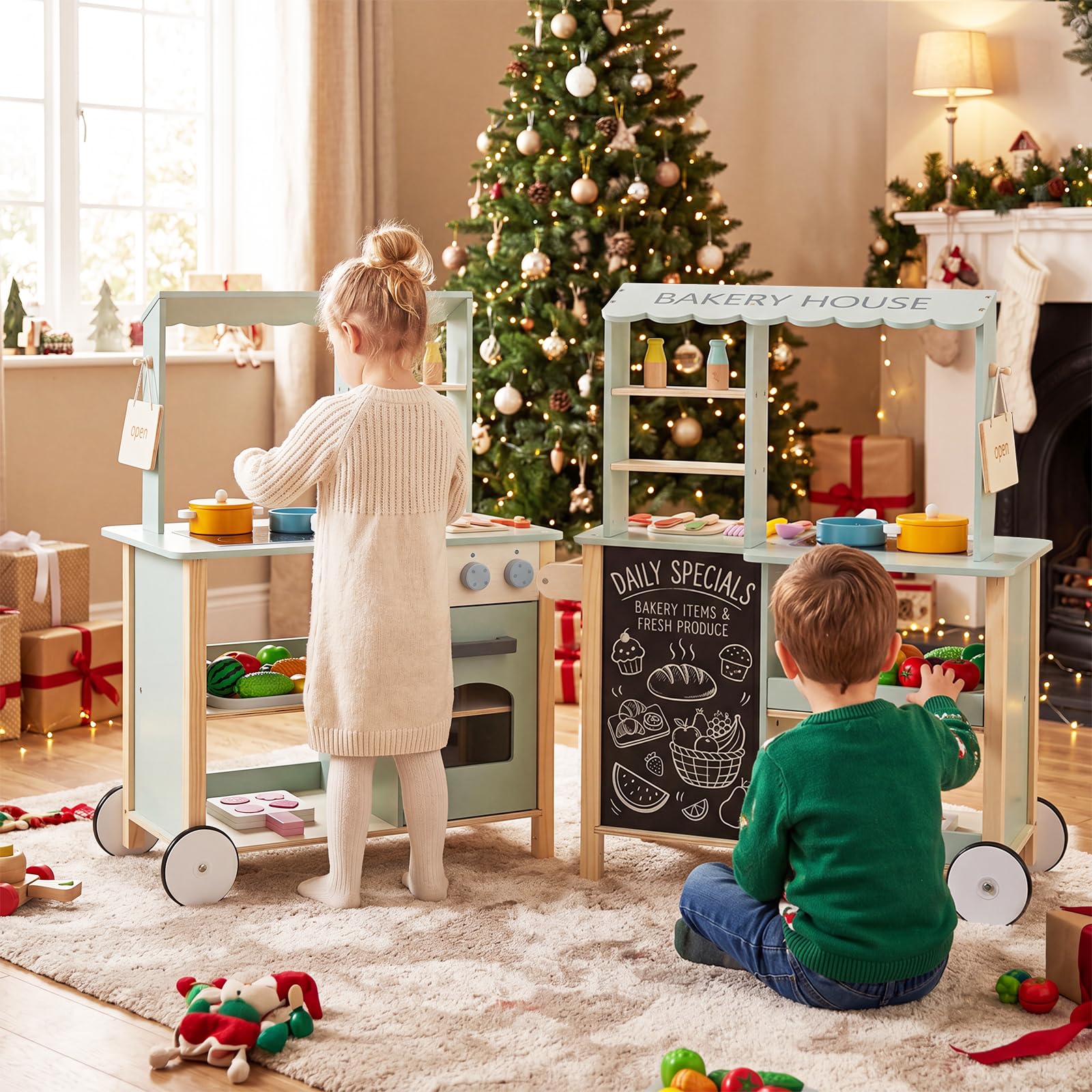 COSTWAY Cucina Realistica per Bambini 3+ Anni, 67 x 34 x 81 cm | Set Cucina Giocattolo per Interno ed Esterno con Piano Cottura, Forno, Lavagna, 4 Ripiani, Ruote e Accessori Giocattolo