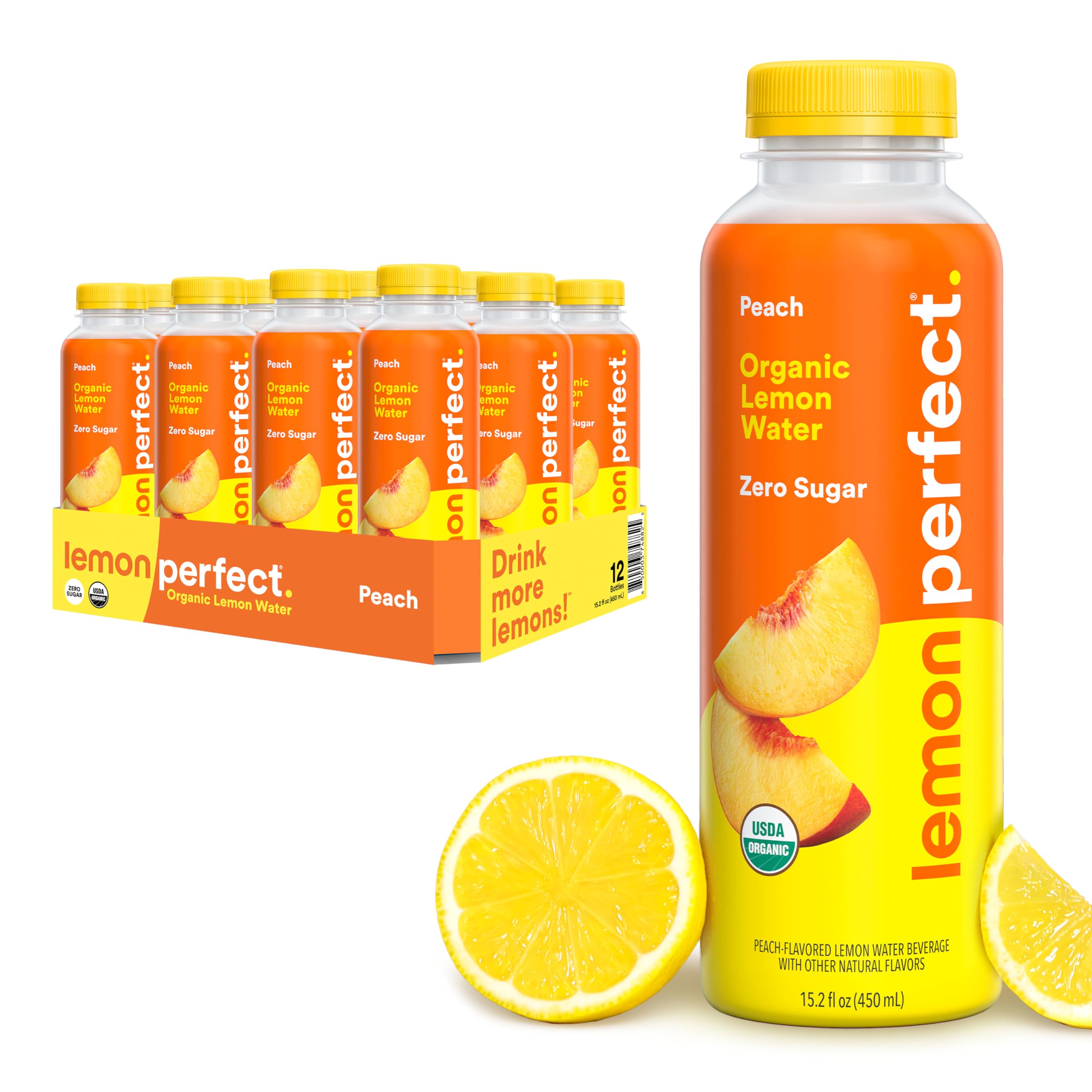 Lemon Perfect Peach, Hydrating Flavored Lemon Water, Zero Sugar, Delicious and Refreshing, Organic, 15.2 fl oz Bottles (12-Pack)