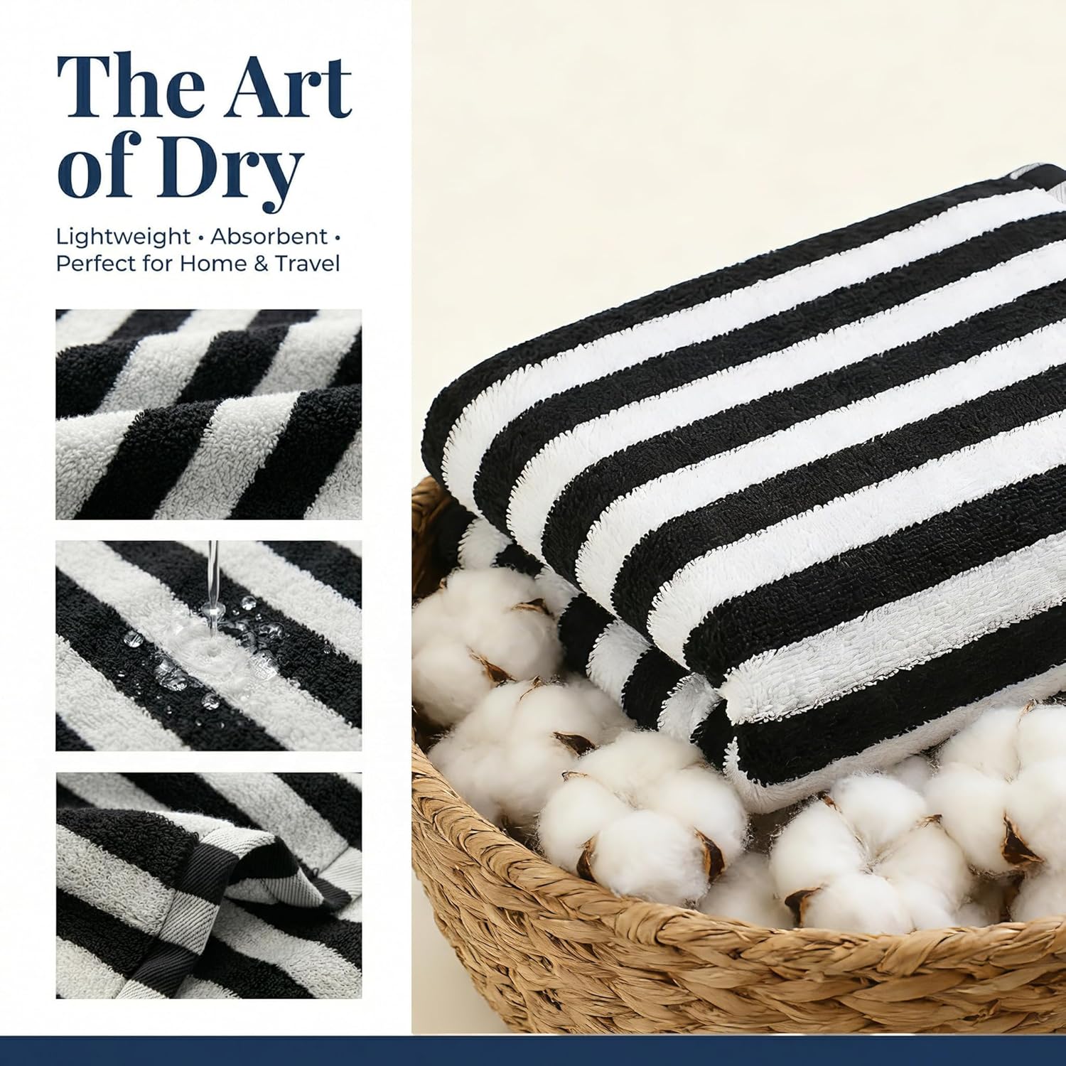 Large Black White Striped Hand Towel Set of 6(35" x 16”)- 100% Cotton | Soft | Absorbent, Bath Hand Towels for Home & Bathroom