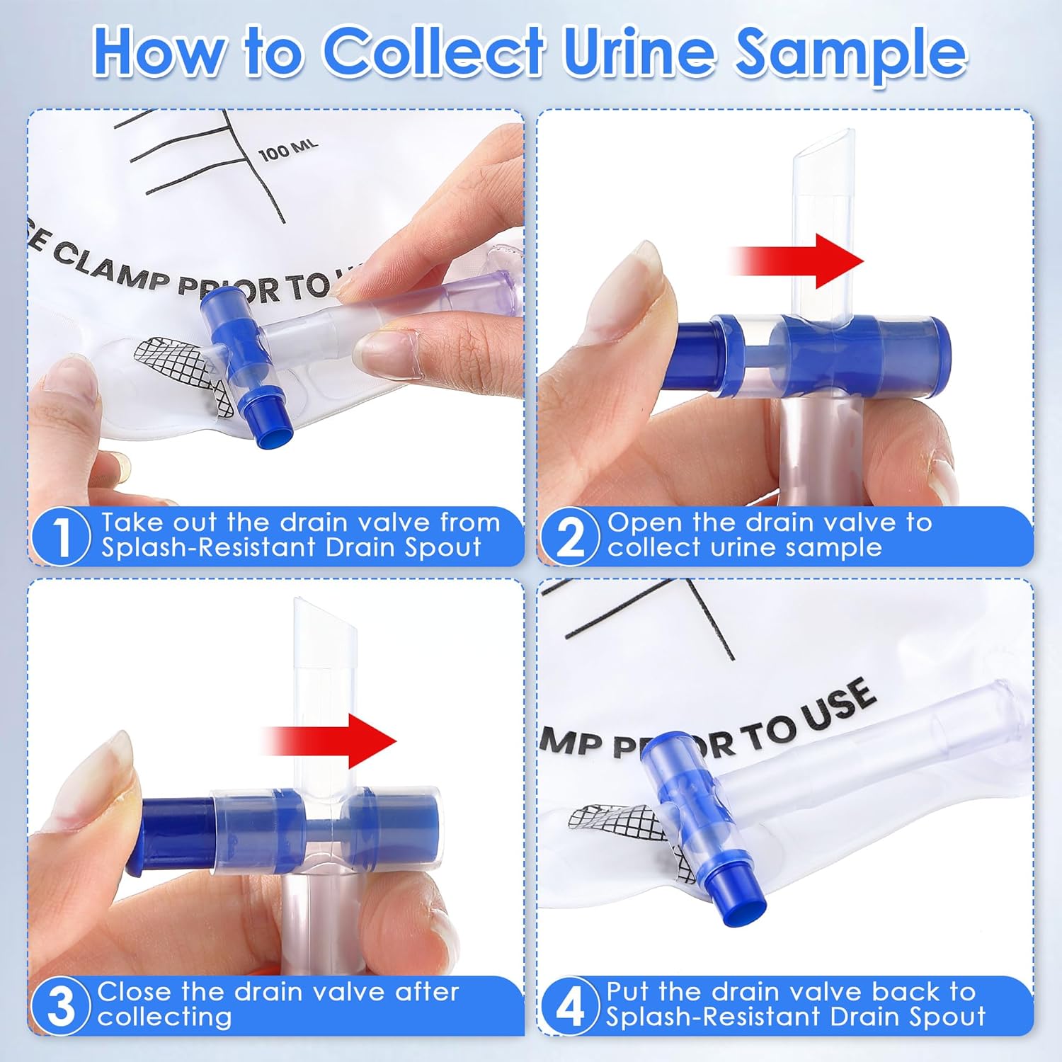 Geiserailie 2000ml Catheter Bags, Urinary Drainage Bag with Anti Reflux Chamber, Hook, Hanging Rope, Sheet Clip, Leakproof Splash Drain Spout Urine Bags (10 Pcs)