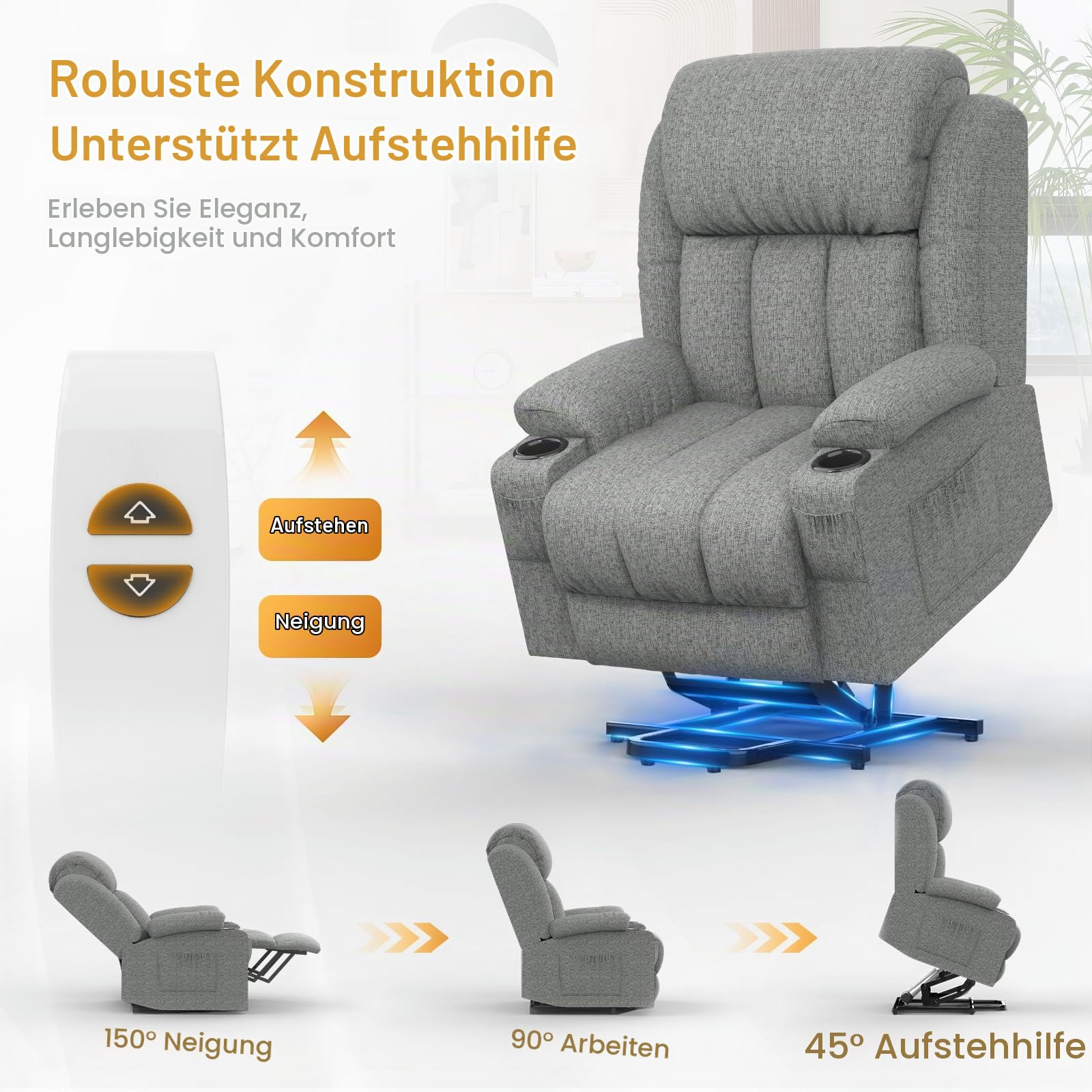 Fernsehsessel Elektrisch Verstellbar, Aufstehhilfe Massagesessel mit Massage Wärmefunktion Seniorensessel für Senioren, 2 Seitentaschen und Getränkehalter,USB+ Typ-C Anschluss
