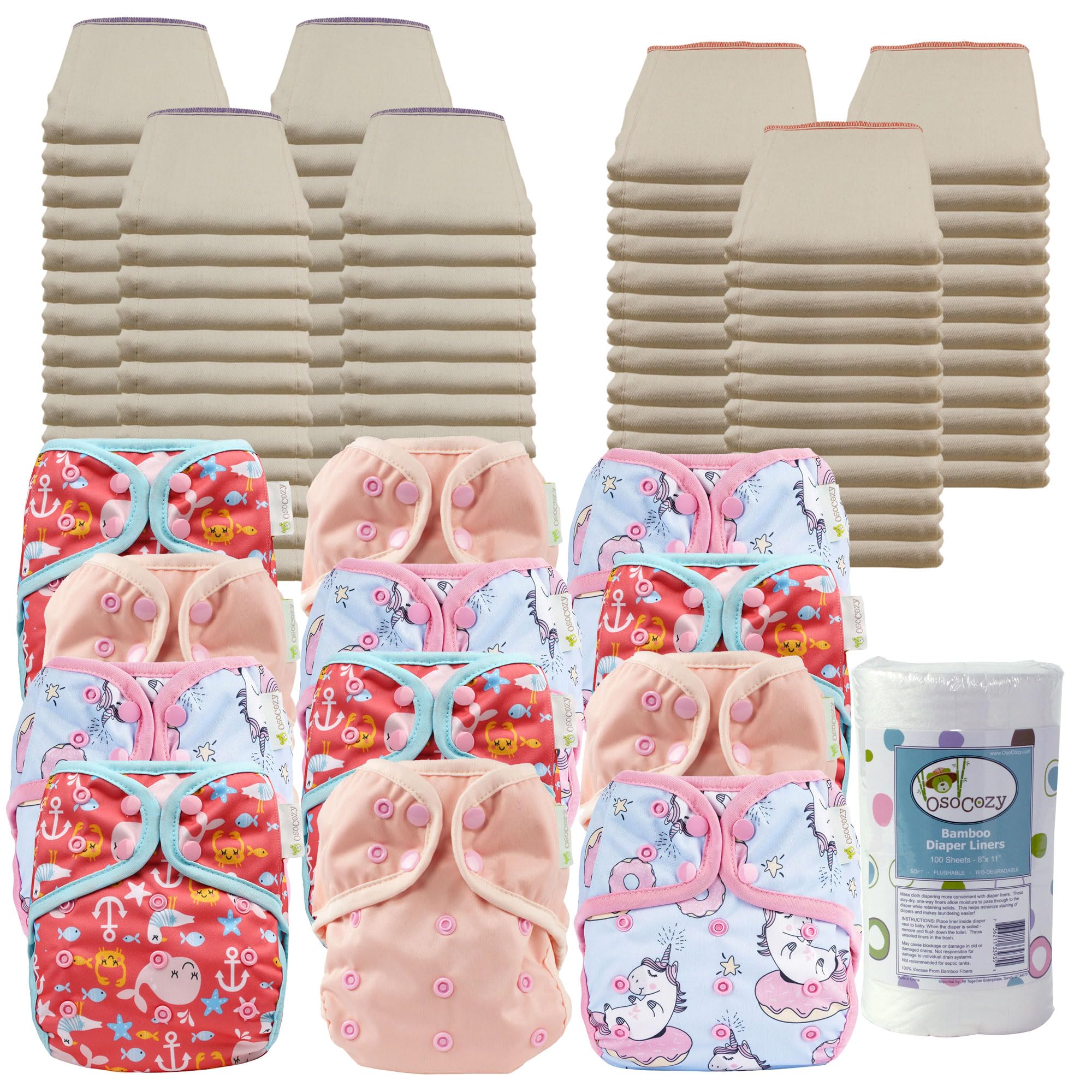 OsoCozy Prefold Cloth Diaper Package - 7 Dozen Unbleached Better-Fit Prefolds & 12 One Size Diaper Covers. All The Cloth Nappies and Diaper Covers