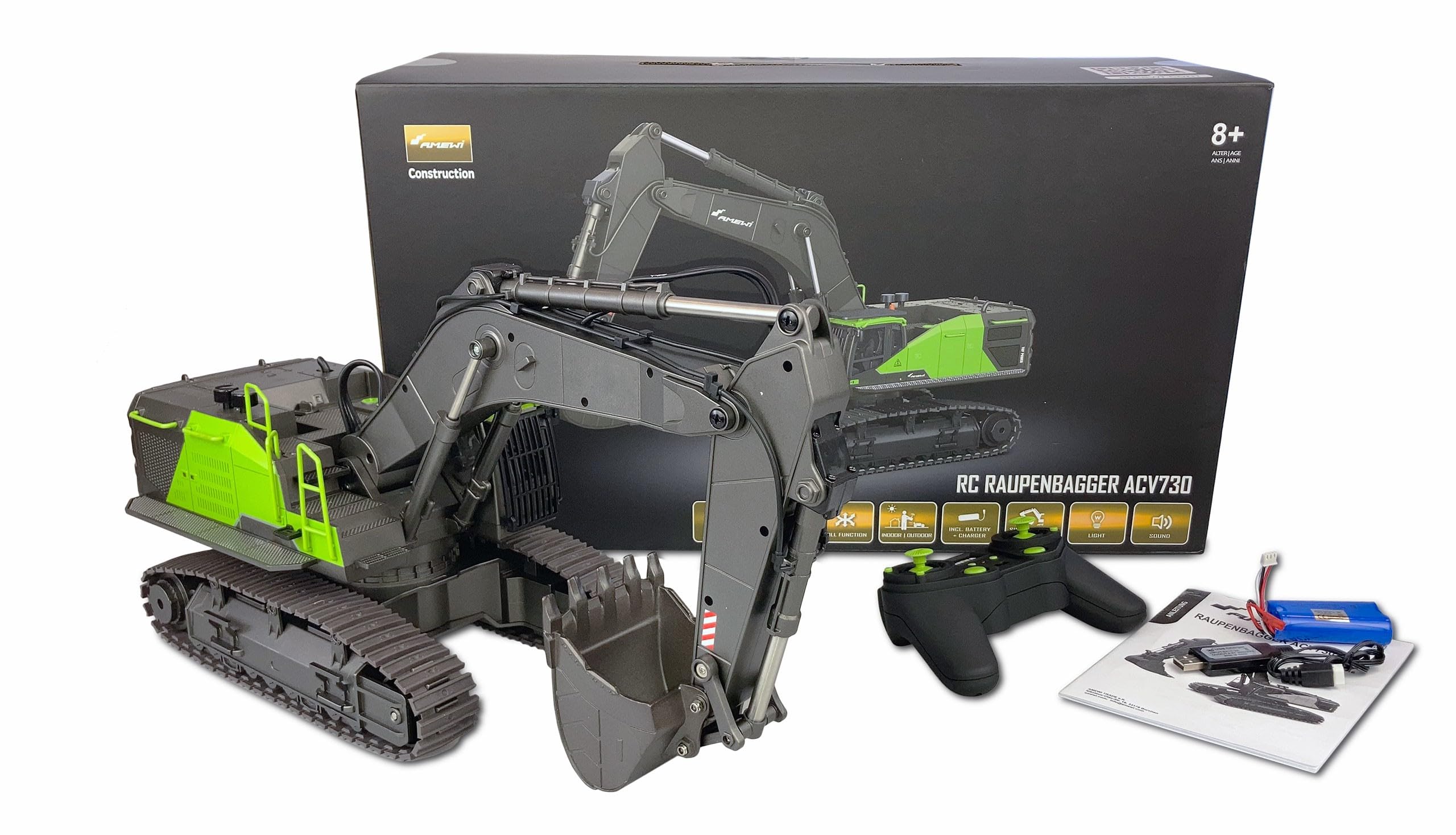 Amewi ACV730 V3 - Excavadora Oruga teledirigida Totalmente proporcional 1:14 RTR Gris-Verde