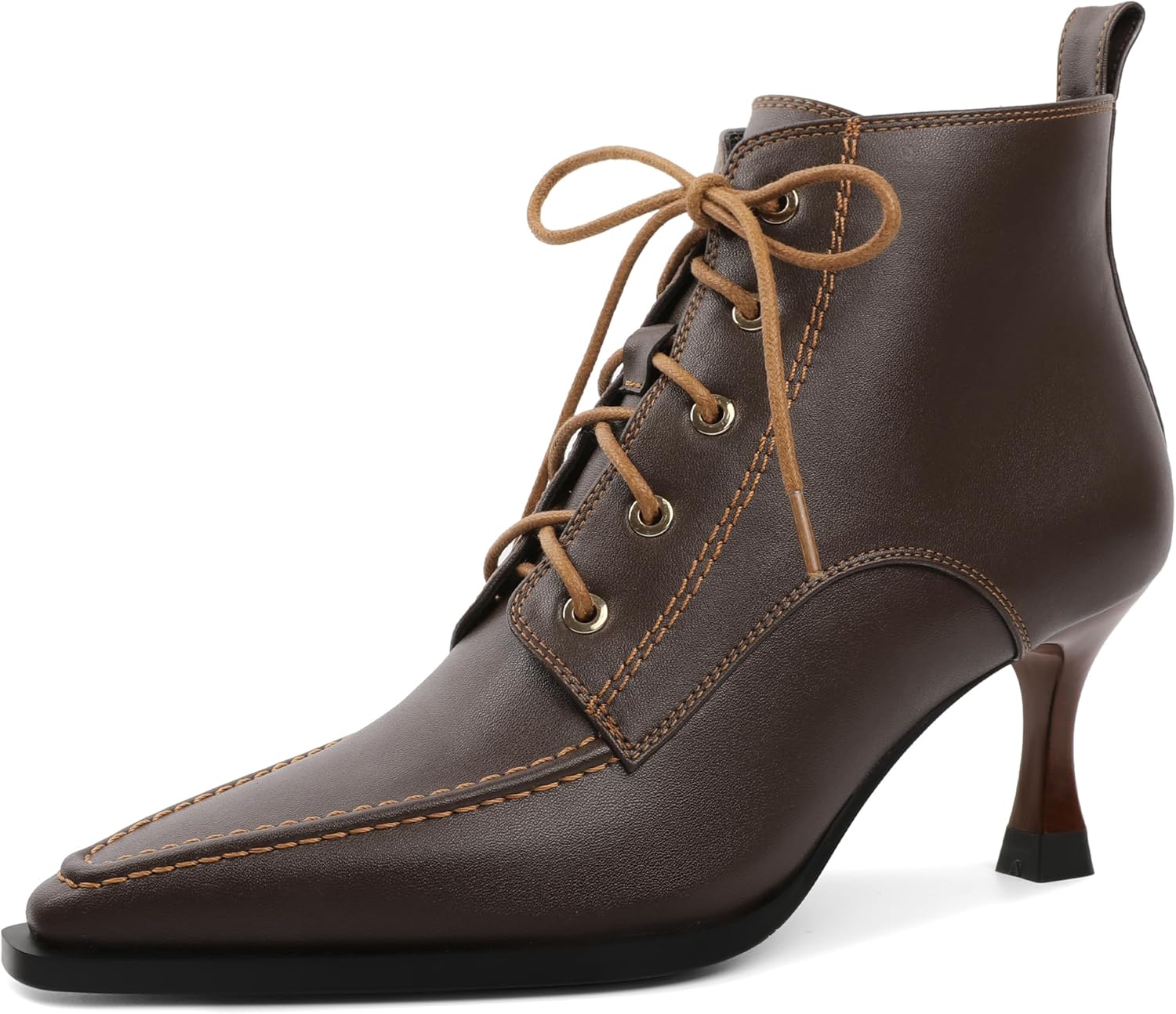 Women's Booties Stiletto High Heel Lace up Square Toe Side Zipper Leather Short Ankle Boots 3 Inches