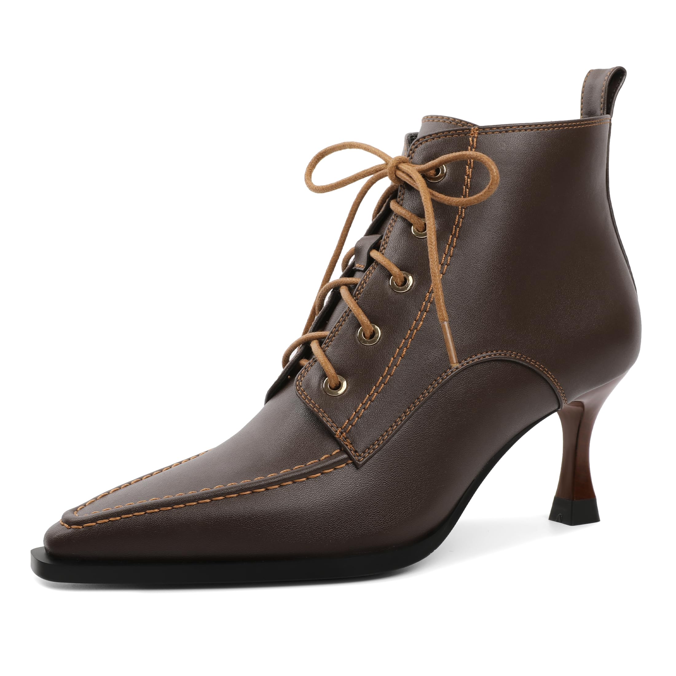 Womens Booties Stiletto High Heel Lace up Square Toe Side Zipper Leather Short Ankle Boots 3 Inches