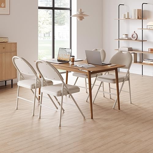 Miniatura 7 de Juego de 2 sillas plegables color beige, sillas plegables de metal con almohadillas antideslizantes para pies, sillas de fiesta de lino para