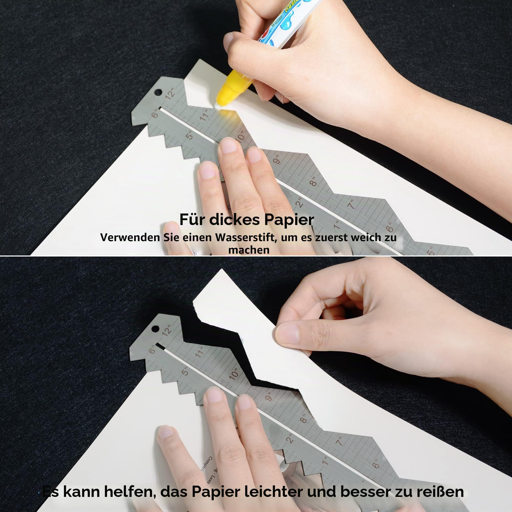 Edelstahl-Metall-Papier-Reißlineal zum Schneiden von Papier bis gewellten Linien, gezackte und unregelmäßige Kanten, 30.5 cm, Messwerkzeug für Ingenieur, Schule, Architekten und Zeichnen, H