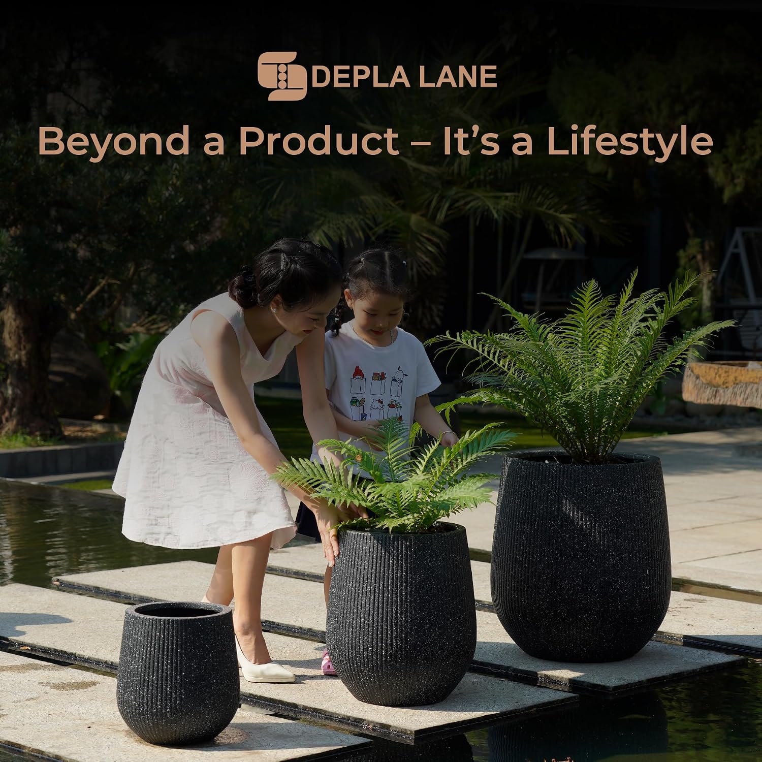 Sereno Fiberstone Tapered Planter (7.7" Pot Opening x 11.0"D x 11.8"H) Ribbed Finishes, Modern Planter for Indoor Outdoor Use, Lightweight, Crack-Resistant, Minimal Decor (S, Ribbed Black)