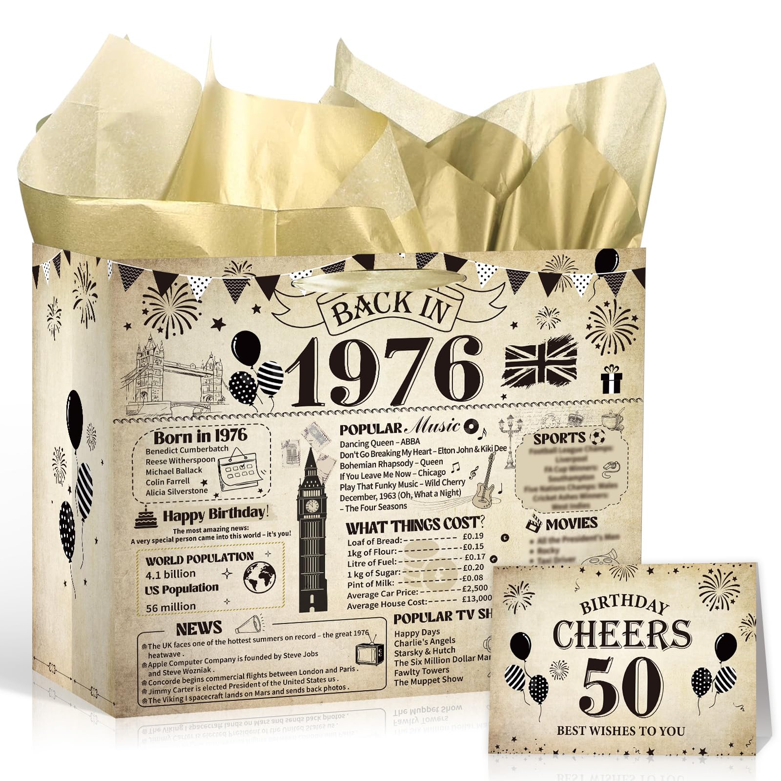 Eiapadeor 50th Birthday Gift Bag - Vintage Back in 1976 Birthday Decorations for Women Men, Large Wrapping Bag with Handle Tissue Paper Greeting Card, 50 Year Old Birthday Party Decor Supplies