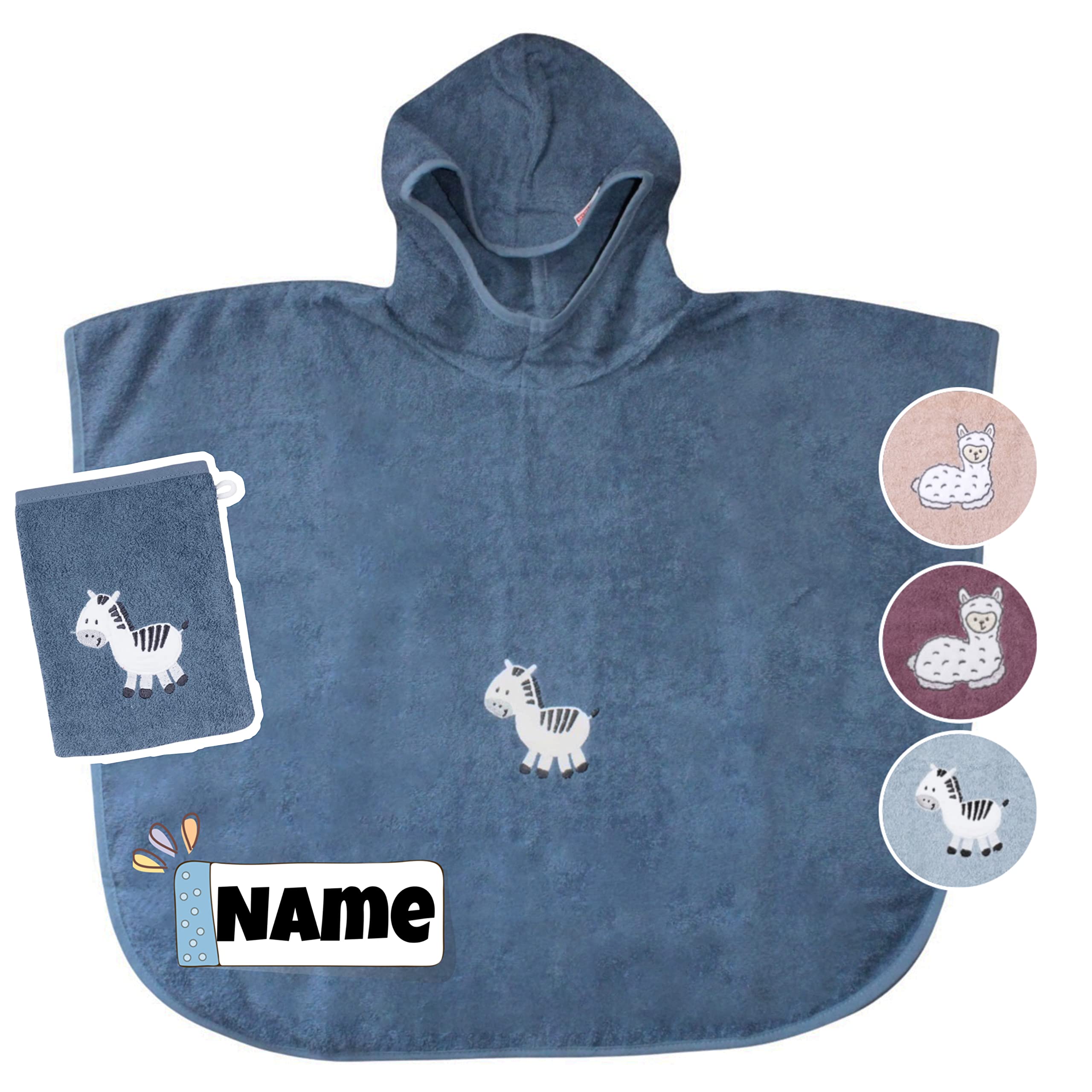 Kinder Poncho + Waschlappen mit Name Bestickt mit Name | Badeponcho | personalisiert | Kapuzenbadetuch Bademantel Kinder | Badetuch mit Kapuze | bis 7 Jahre (dunkelblaues Zebra)
