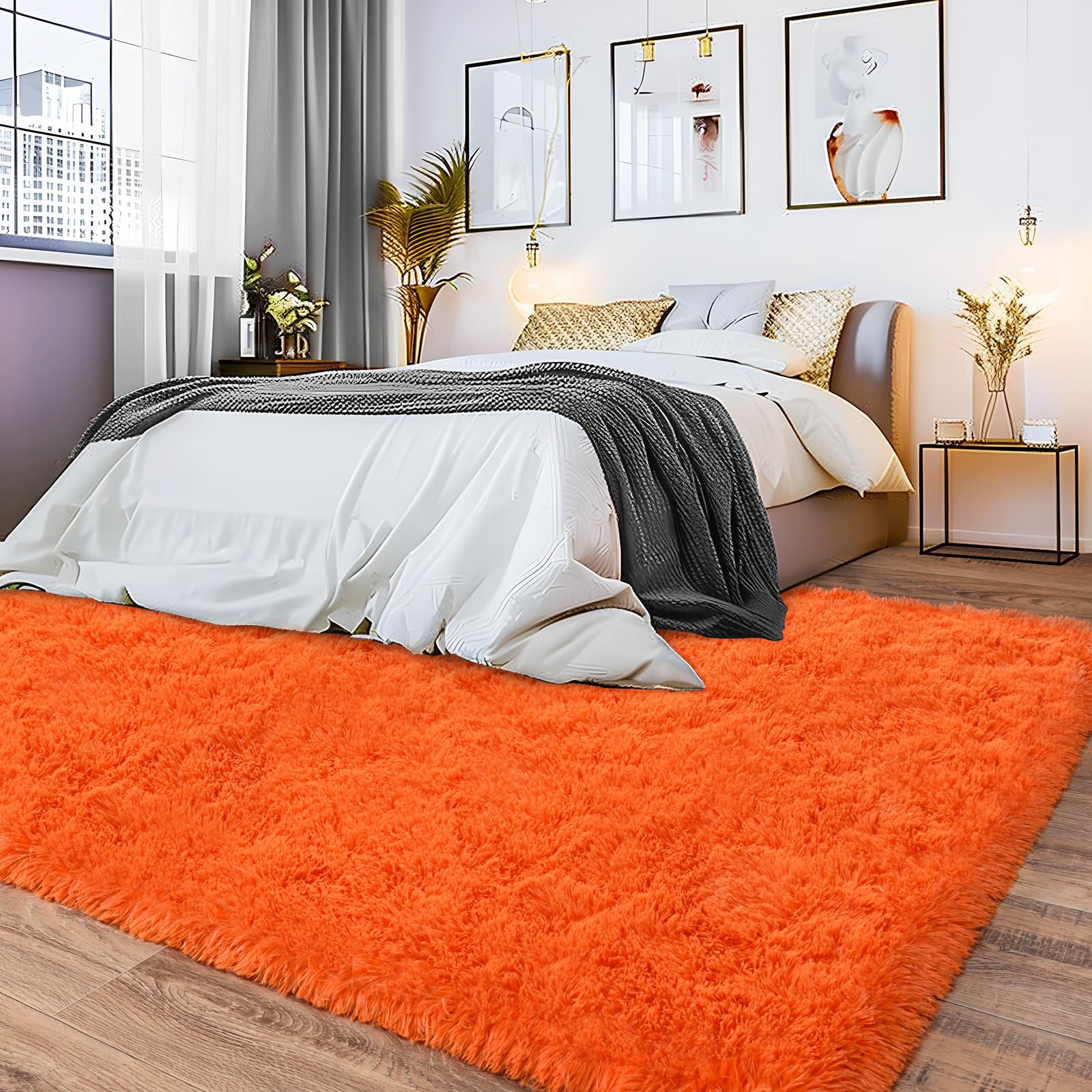 Alfombra suave y esponjosa para sala de estar de 6 x 9 pies, color naranja, lavable | Alfombra antideslizante de 6 x 9 pies para dormitorio, alfombra de felpa mullida de pelo alto, resistente al fuego