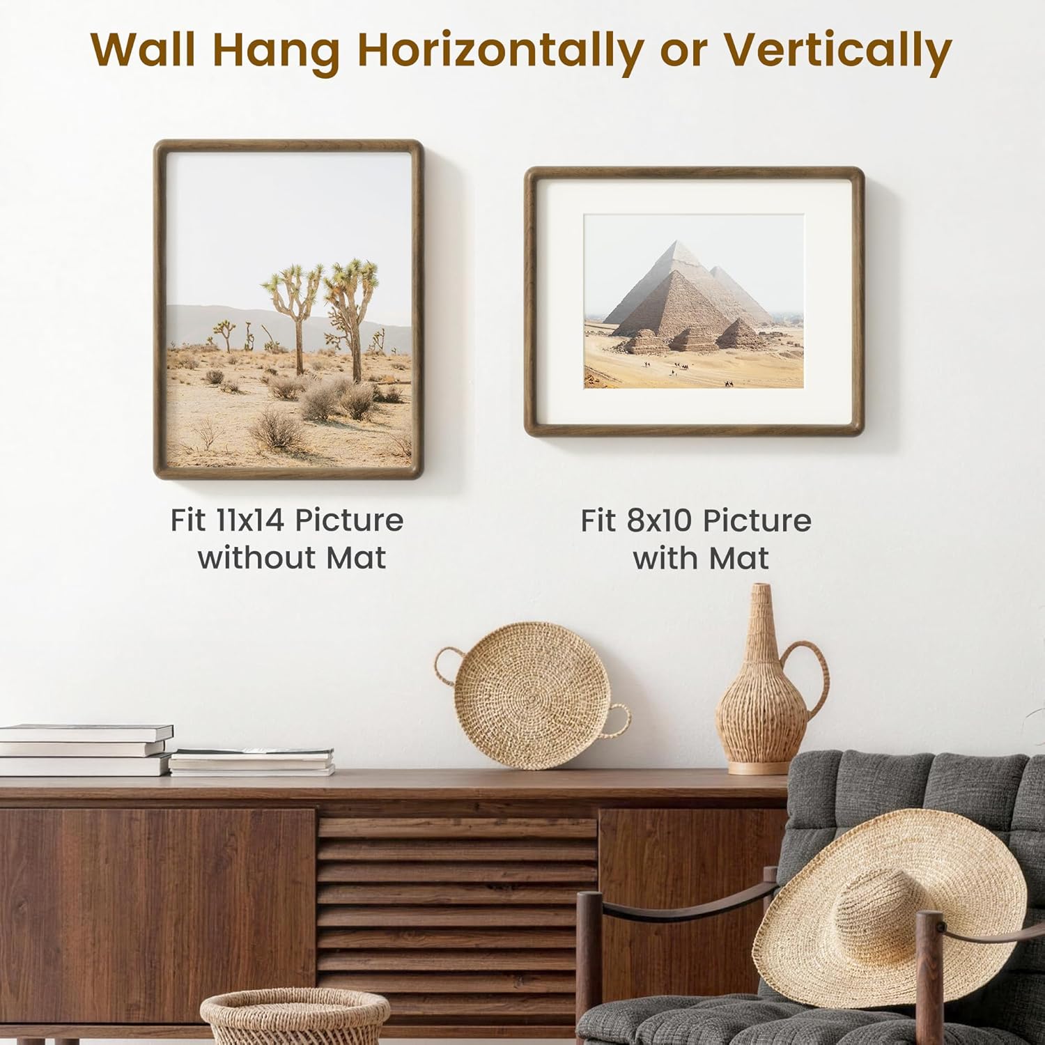 11x14 Picture Frame, Natural Solid Walnut Wood Photo Collage Frame with HD Tempered Glass, Rounded Corner Wooden Frame 11 x 14 Matted to 6x8, Gallery Wall Frames for Art, Wall or Tabletop Display