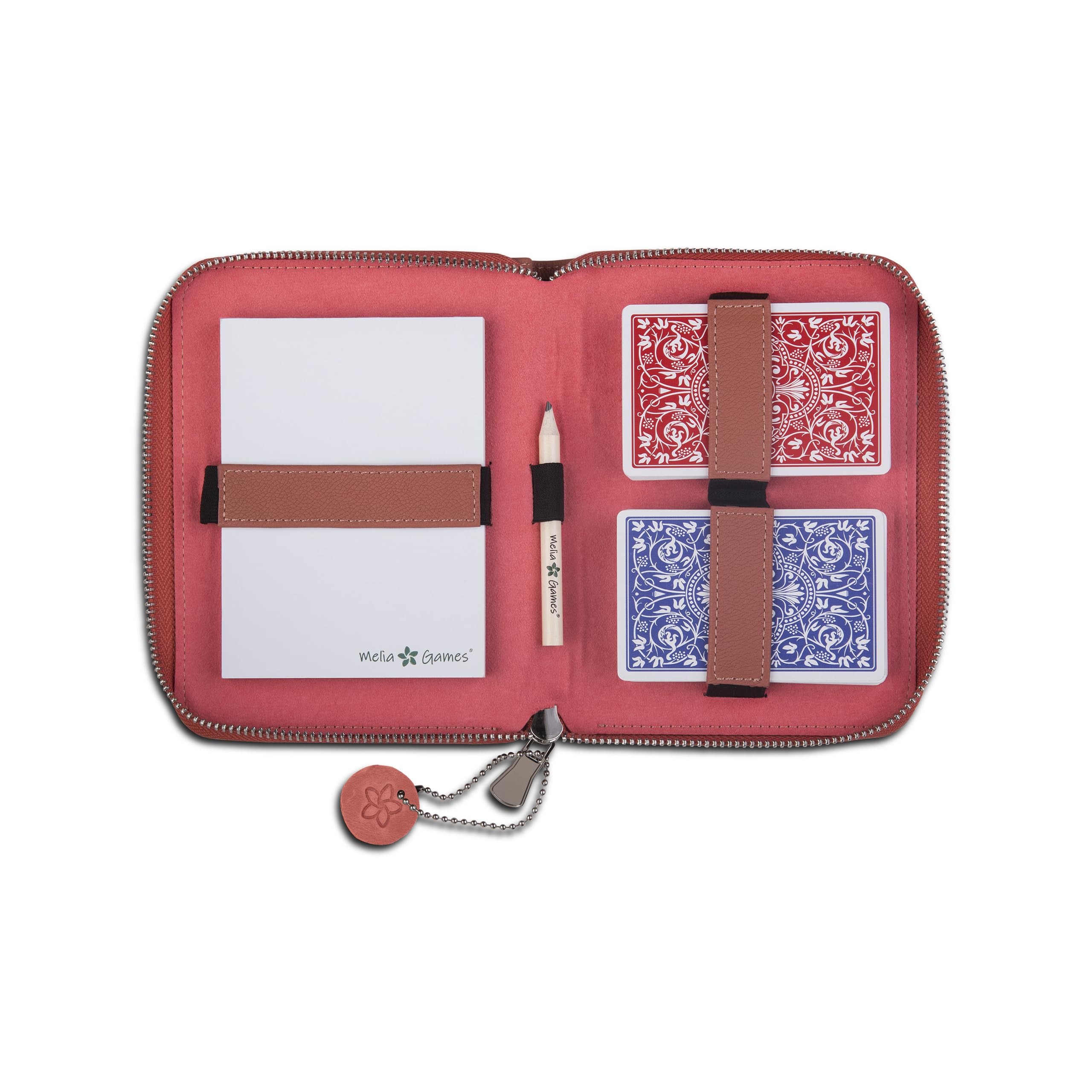 Playing Cards Set Deluxe - Pochette en Cuir Véritable Fait Main - Set de Voyage INCL. 2 Jeux de Cartes, Block-Note, Crayon (Designer Edition) (Coral Red)
