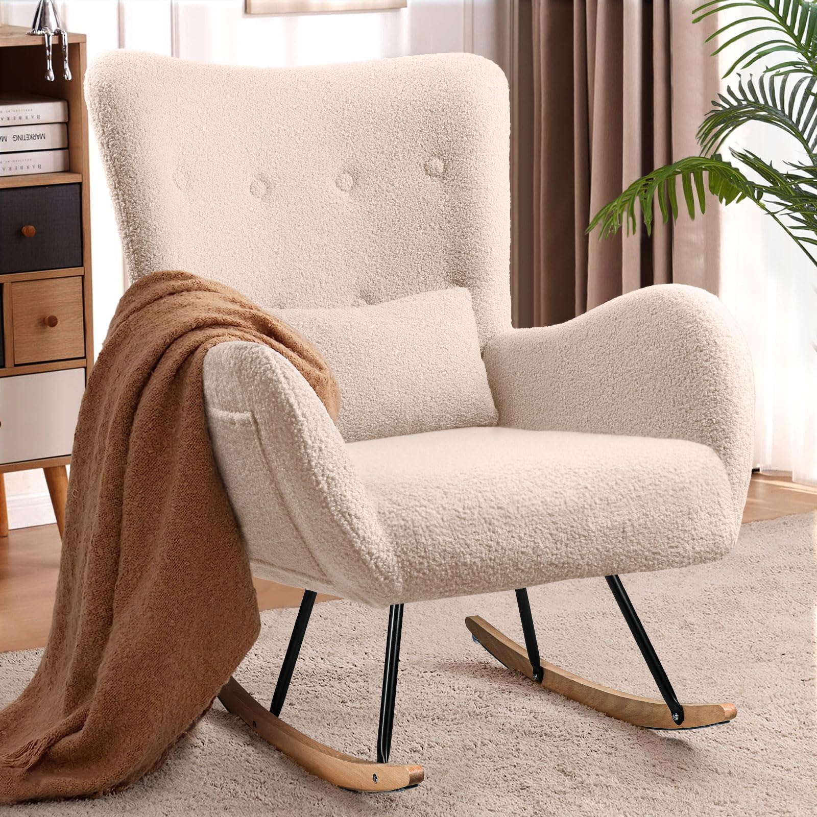 Waleaf Teddy Upholstered Rocking Chair Indoor with High Backrest Glider, Padded Seat Nursing Chair Comfy for Bedroom (Beige)