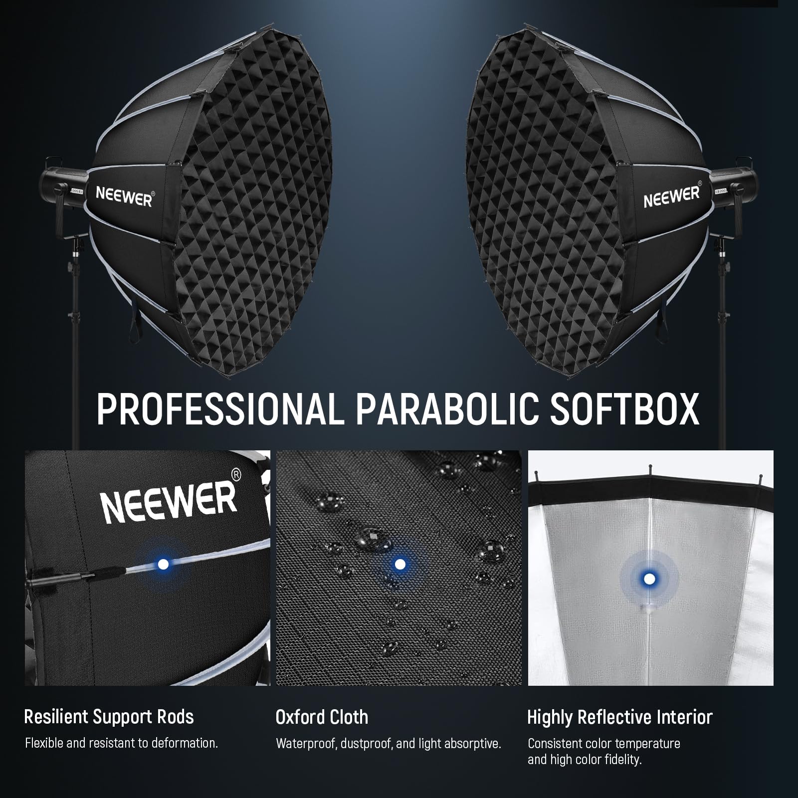 NEEWER Paraboliczny zestaw softbox, 120 cm, z dyfuzorami światła, do fotografii studyjnej, nagrywania wideo, strumieniowego oświetlenia, kompatybilny z Aputure 120D, kompatybilny z Godox SL60w, NS73P