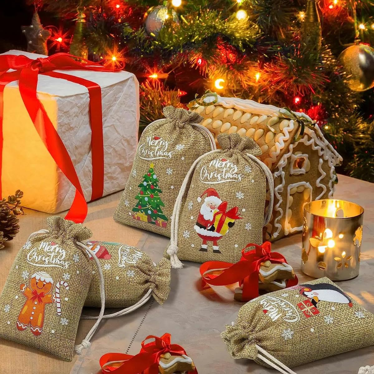 sac cadeau de sac de Noël en lin de jute réutilisable avec cordon de serrage pour Noël-Juste 50 sacs vierges-9x12cm-Autre