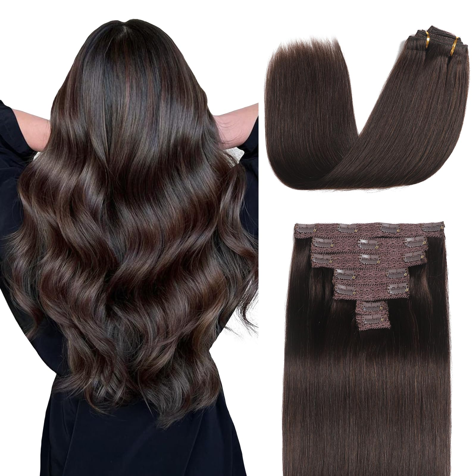Sisily Clip in Hair Extensions Real Human Hair, 14 inch 120g, Dark Brown, 100% Brazilian Remy Human Hair Clip in Extensions Soft Straight 7pcs Per Set