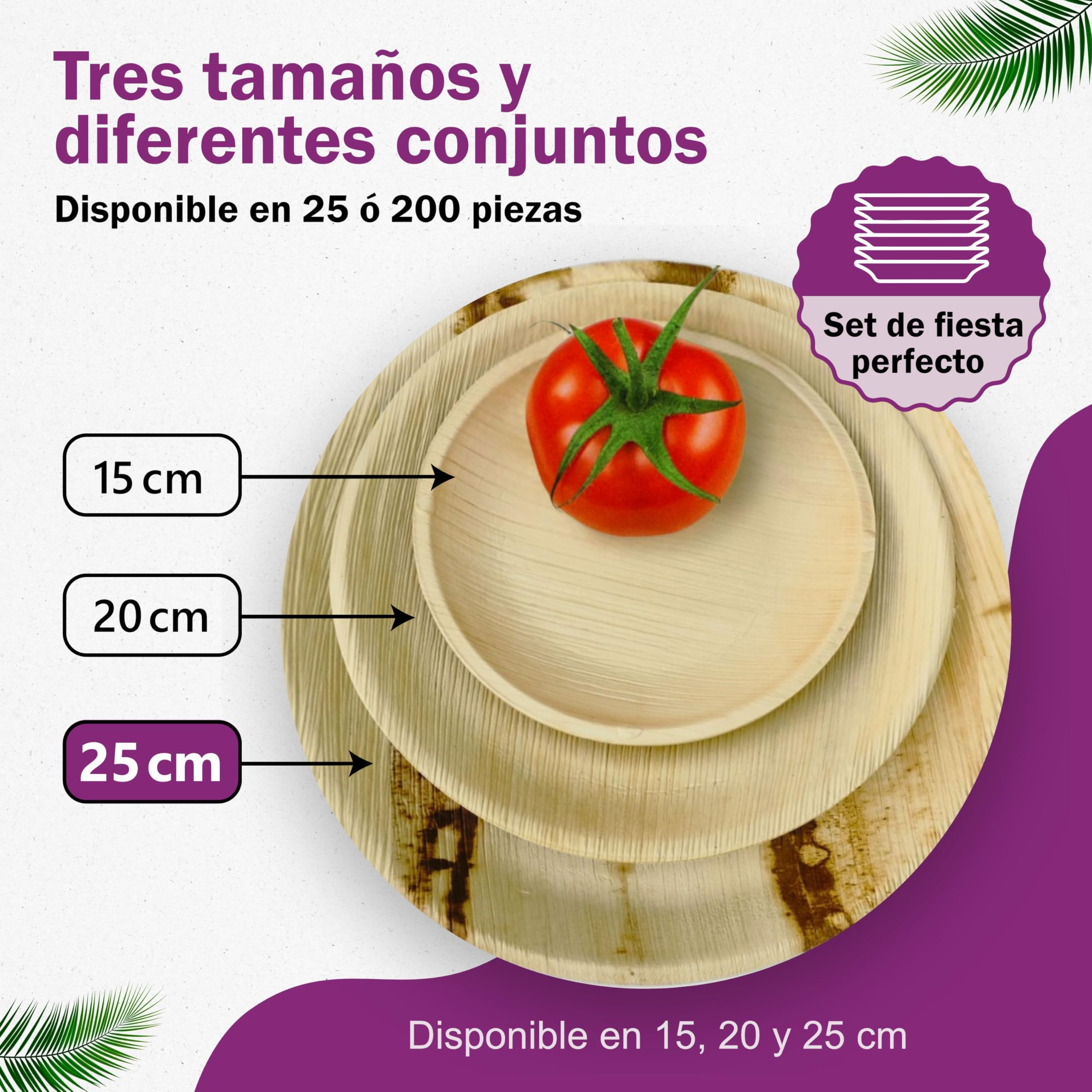 Platos Desechables Redondos de Hoja de Palma Orgánicos - Conjunto de 25 pz. Ø 15 cm y 25 pz. Ø 25 cm