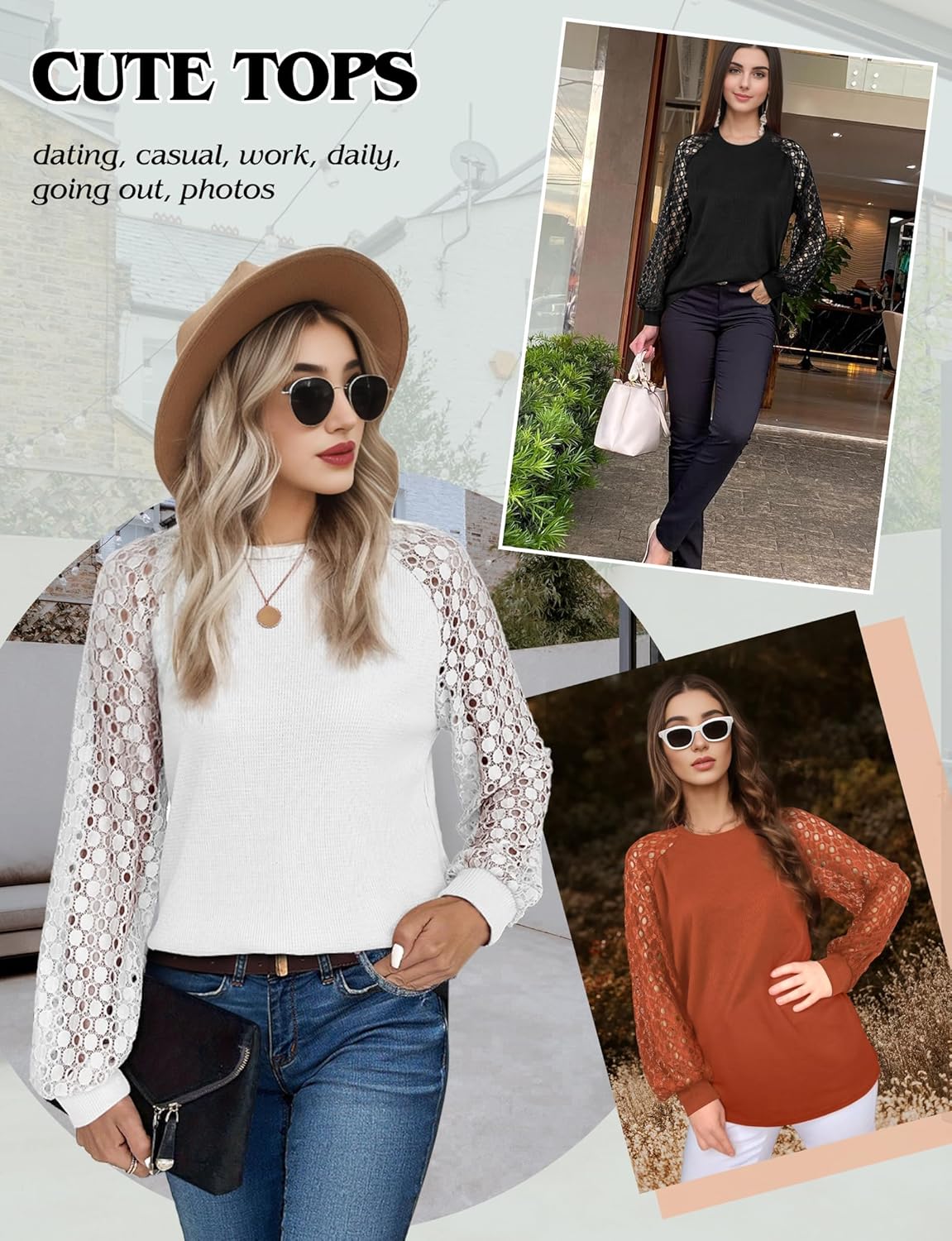 AURUZA Long Sleeve Shirts for Women Waffle Knit Puff Lace Sleeve Tops Dressy Casual Blouses Work Business Fall Outfits - Image 4