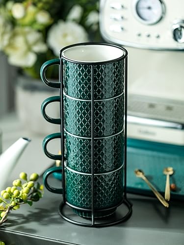 Miniatura 5 de LYEOBOH Juego de tazas de café apilables de porcelana con soporte y cucharas, 13 onzas, tazas de capuchino Demitasse para bebidas, expreso, café con