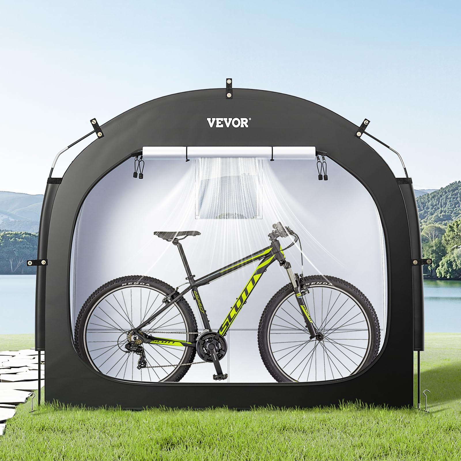 VEVOR Spaziosa Tenda per Riporre le Bici all'Aperto con Finestra Ventilata, Tenda Impermeabile Arco Superiore con Fibra di Vetro e Doppie Cerniere Nero da 3 a 4 Bici 2030 x 1220 x 1690 mm