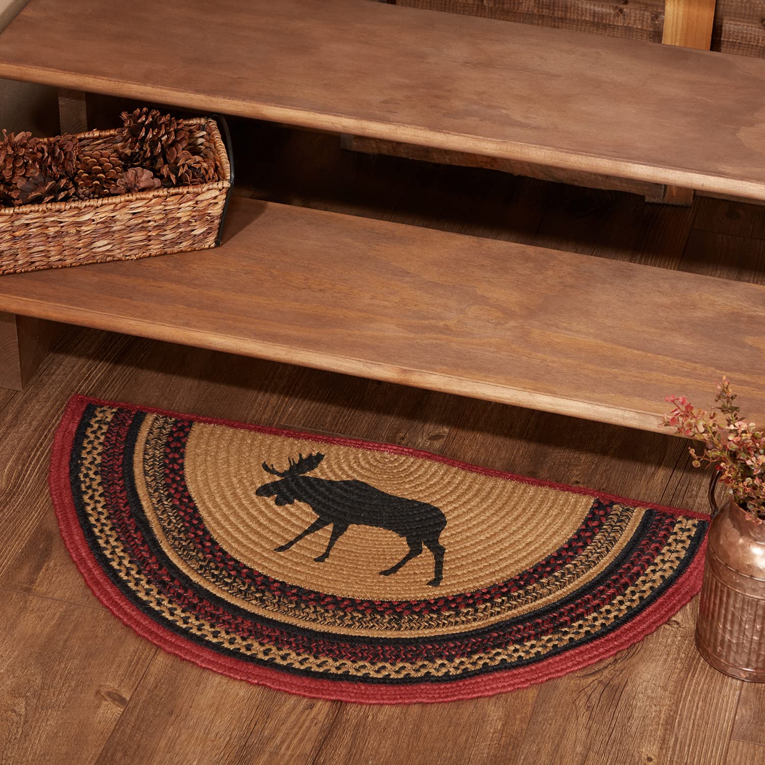 VHC Brands Cumberland Rustic Kitchen Rug, Cozy Natural & Dyed Jute Moose Pattern Tan Entryway Doormat Half Circle 16.5x33