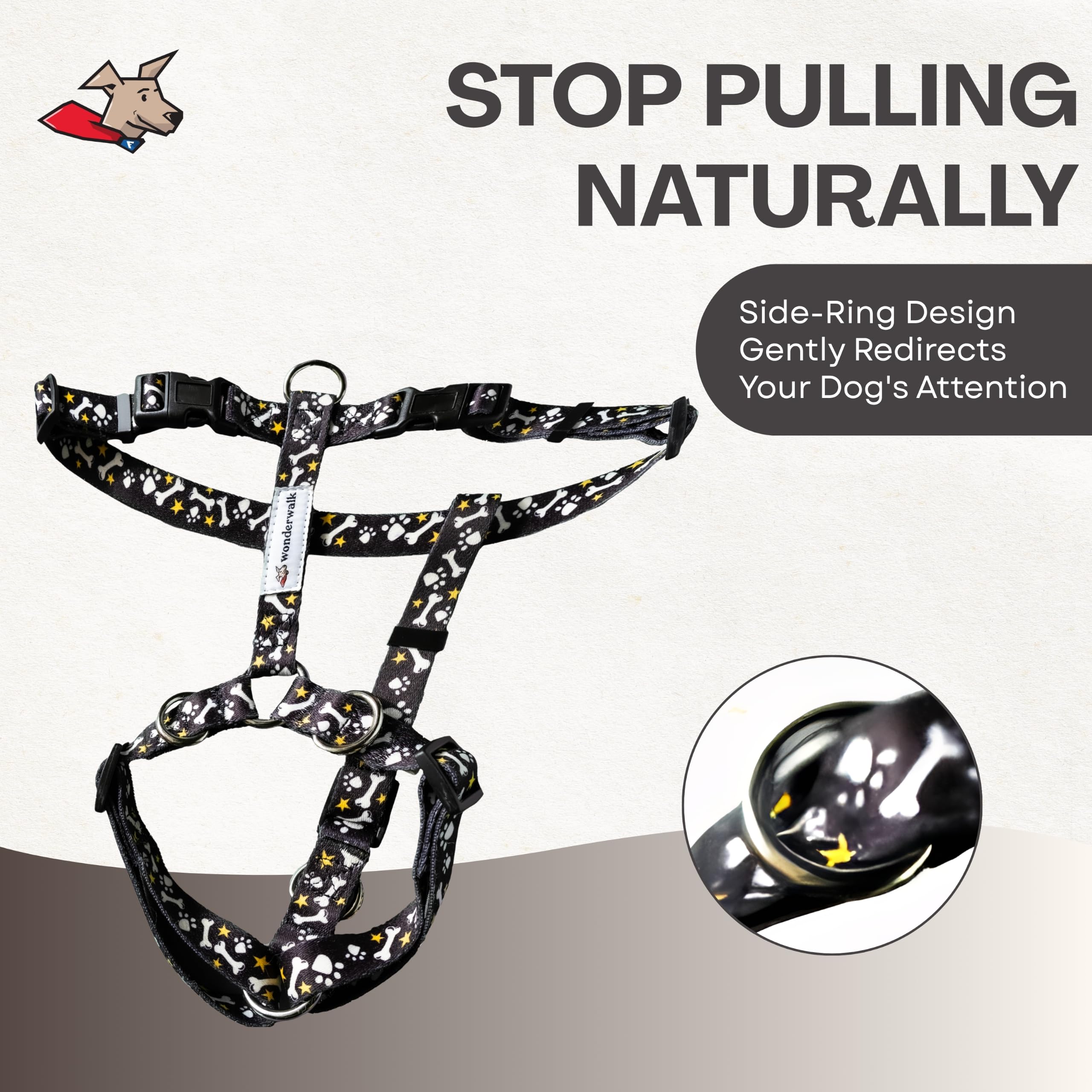 Wonderwalk - Arnés antitirones para perros, arnés ajustable, arnés para perros con anillo lateral, control fácil, apto para perros de talla pequeña, mediana y grande (negro, L)