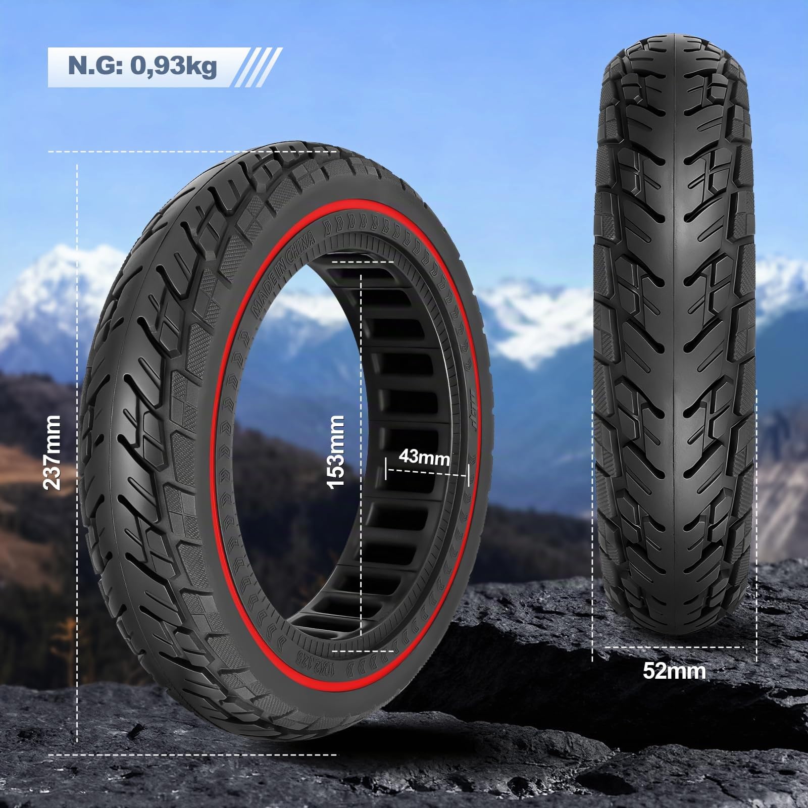Set di 2 Pneumatici Pieni 250x54 per Scooter Elettrico Xiaomi 4 Pro/Lite, 10x2.125 in Gomma per Ninebot F20, F25, F30, F40, Sostituzione Solidi 10" (Rosso)