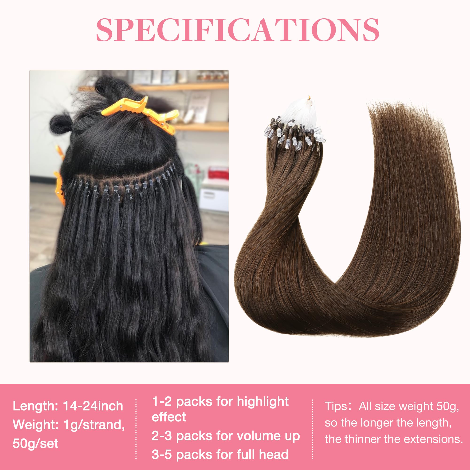 GOO GOO Micro Loop Hair Extensions Real Human Hair, Chocolate Brown 50g 16inch 50 Strands Cold Fusion Micro Bead Extensions - Image 3