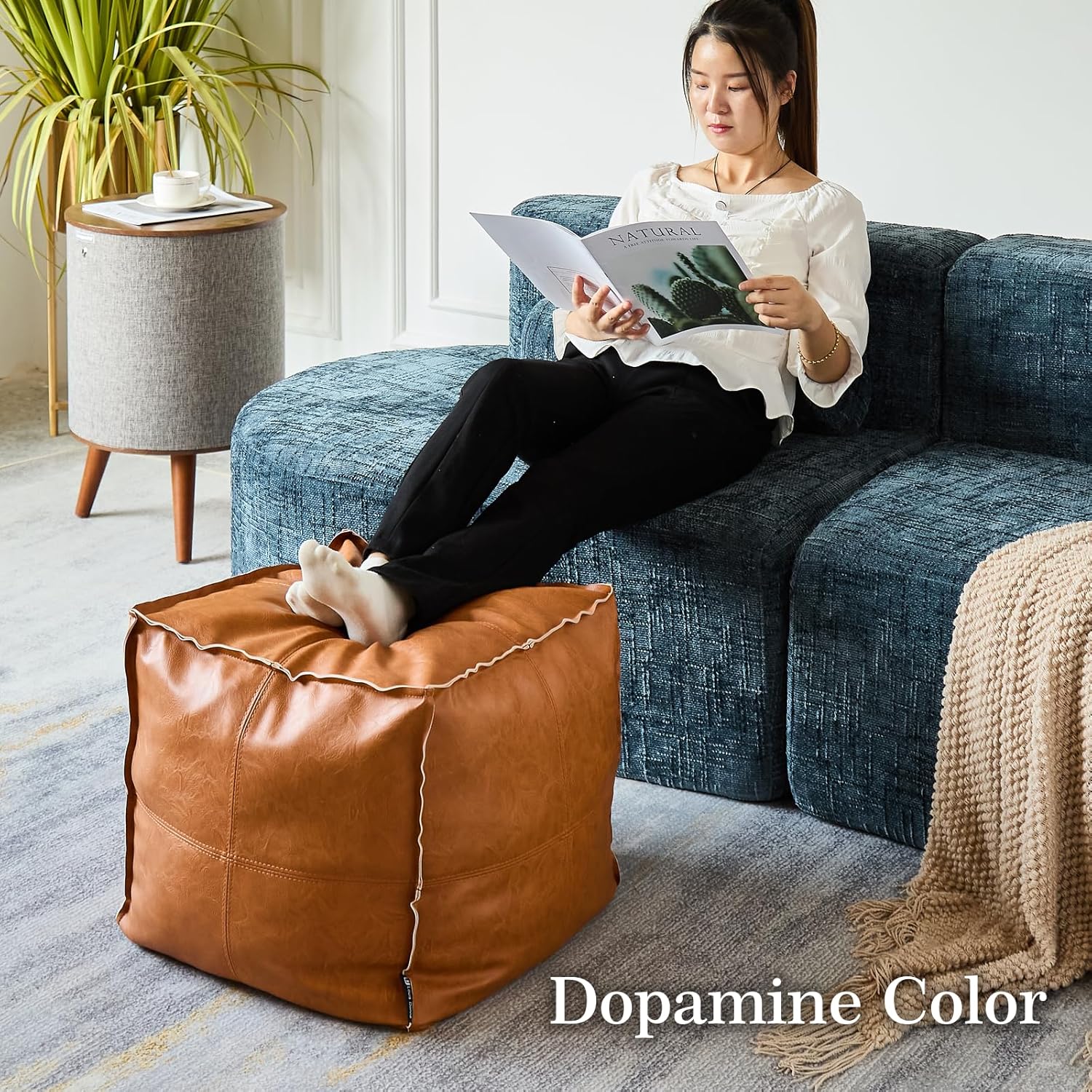 Pouf Ottoman, Unstuffed Pouf Cover, Handmade Faux PU Leather Moroccan, Orange Brown 17.7" Square, Foot Rest for Living Room, Floor Chair Gifts for Men Women, (Only Cover)