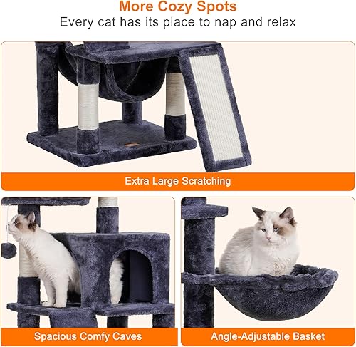 Miniatura 6 de Heybly Árbol para gatos, Torre para gatos de interior, Mueble para gatos de varios niveles con percha de felpa acolchada, cesta acogedora y tabla