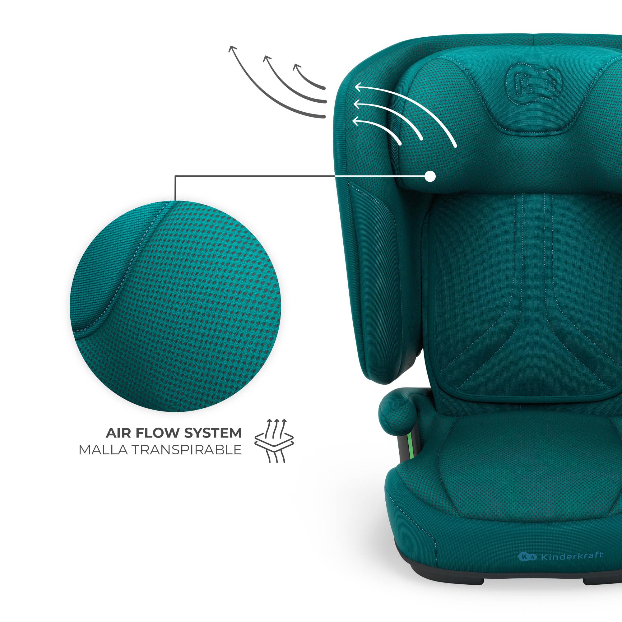 Kinderkraft UNITY 2, Fotelik 100–150 cm dla dzieci 3,5–12 lat, 5-stopniowa regulacja oparcia, Składany, ISOFIX, systemy SPS+ i H-GUARD, Tapicerka AIR FLOW, Łatwe czyszczenie, Zielony