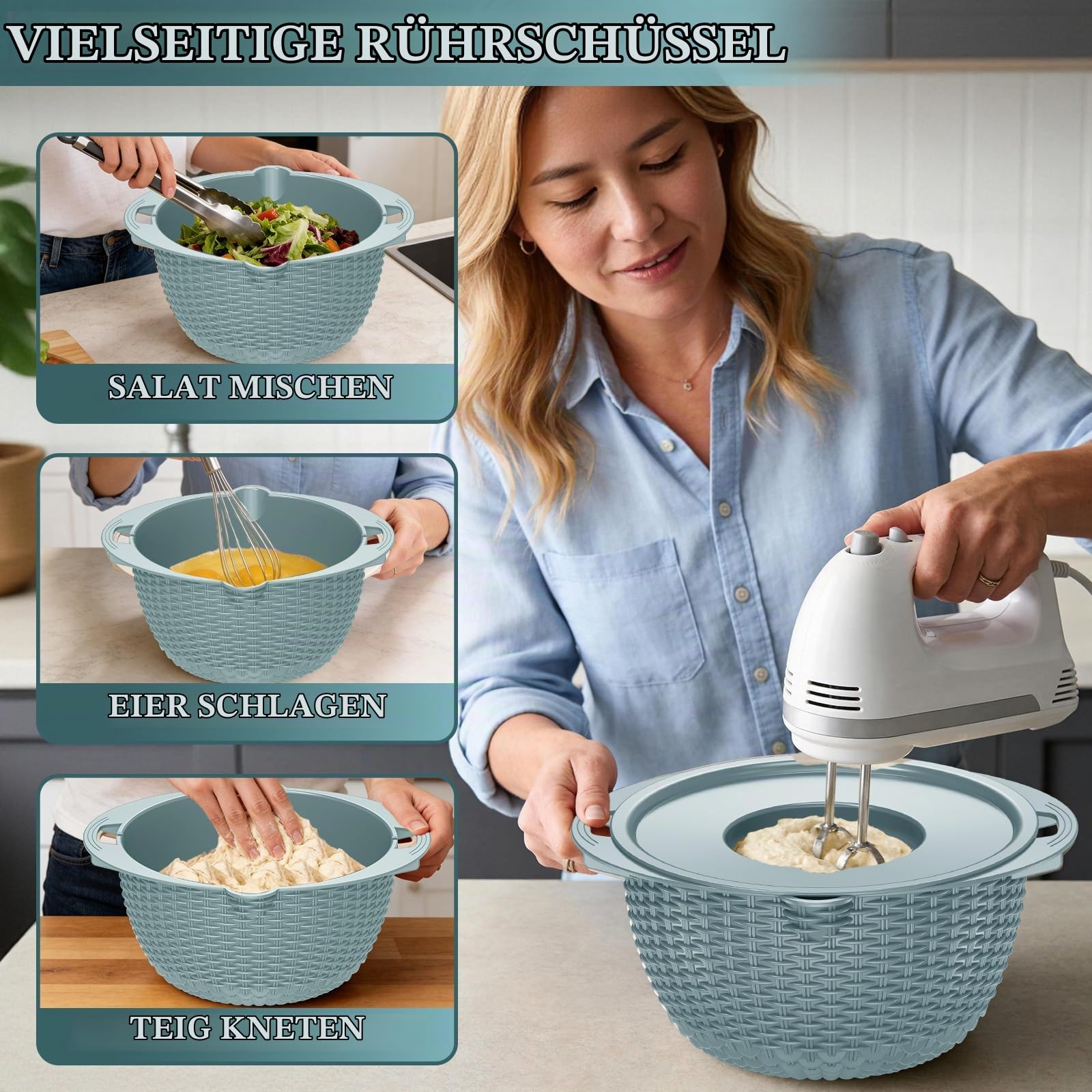 4-1 Sieb mit Rührschüssel-Set – Siebe für die Küche, Lebensmittelsiebe und Siebe, Nudelsieb, Reissieb, Obstreiniger, Gemüsewäsche, Salatschleuder, Wohnungs- und Haushaltsutensilien – Blau 02