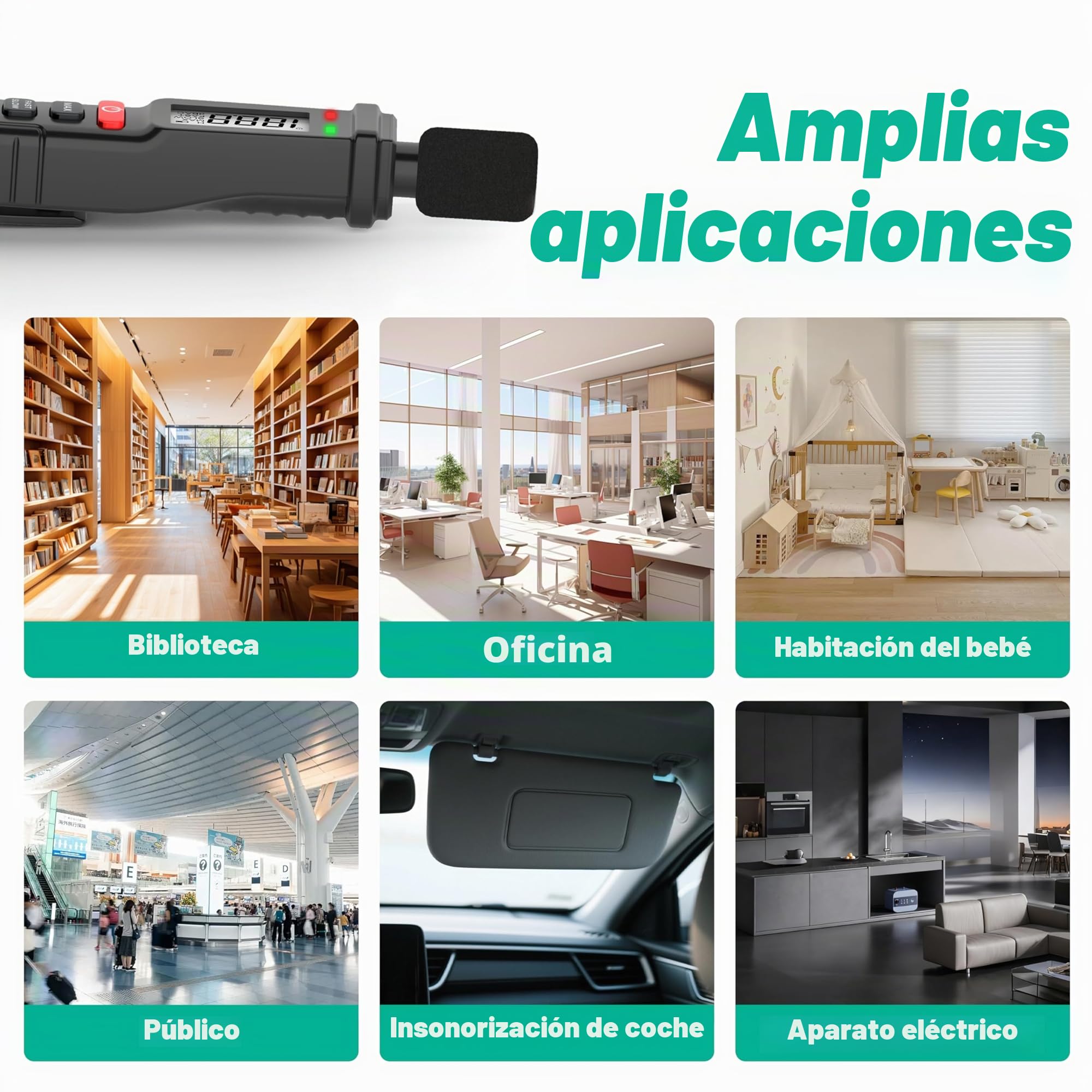 Medidor de decibelios, medidor de nivel de sonido digital 30-130 dB(A), medidor SPL portátil con pantalla LCD retroiluminada, medidor de ruido de audio con MAX/MIN, retención de datos, linterna Home