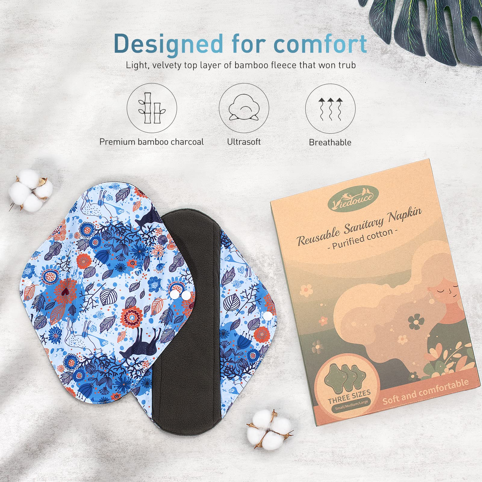Viedouce Serviette Hygiénique Lavable,Lot de 9 Serviettes Hygiéniques Réutilisables,Serviette Hygiénique en Tissu,Protege Slip Lavable avec 2 étanches Sacs de rangement