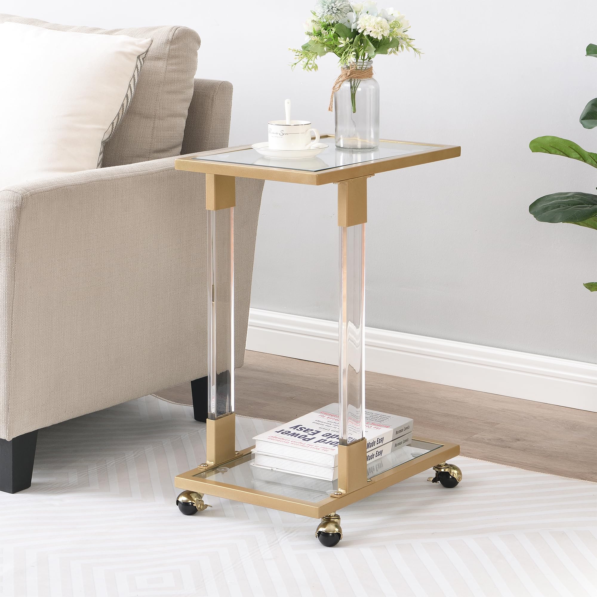 NALLBEIRRAA Clear Side Table C Shaped End Table with Wheels, Rolling Acrylic Bedside Table Mobile Breakfast Tray Table with Tempered Glass Top and