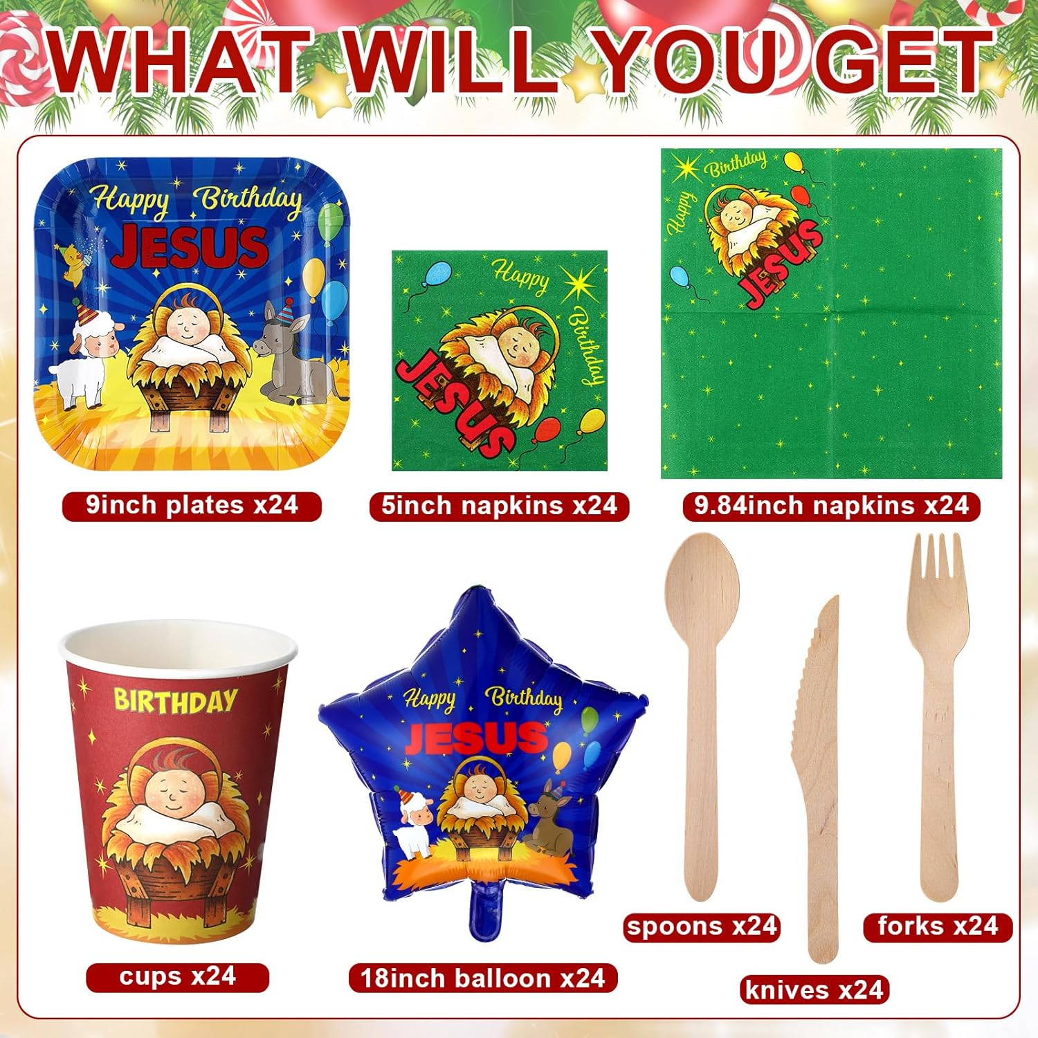 Sieral 174 Pcs Happy Birthday Jesus Tableware with 24 Disposable Jesus Plates Cups Set 30 Disposable Jesus Napkins 24 Christmas Balloons Christmas Nativity Party Supplies Xmas Winter Holiday Party