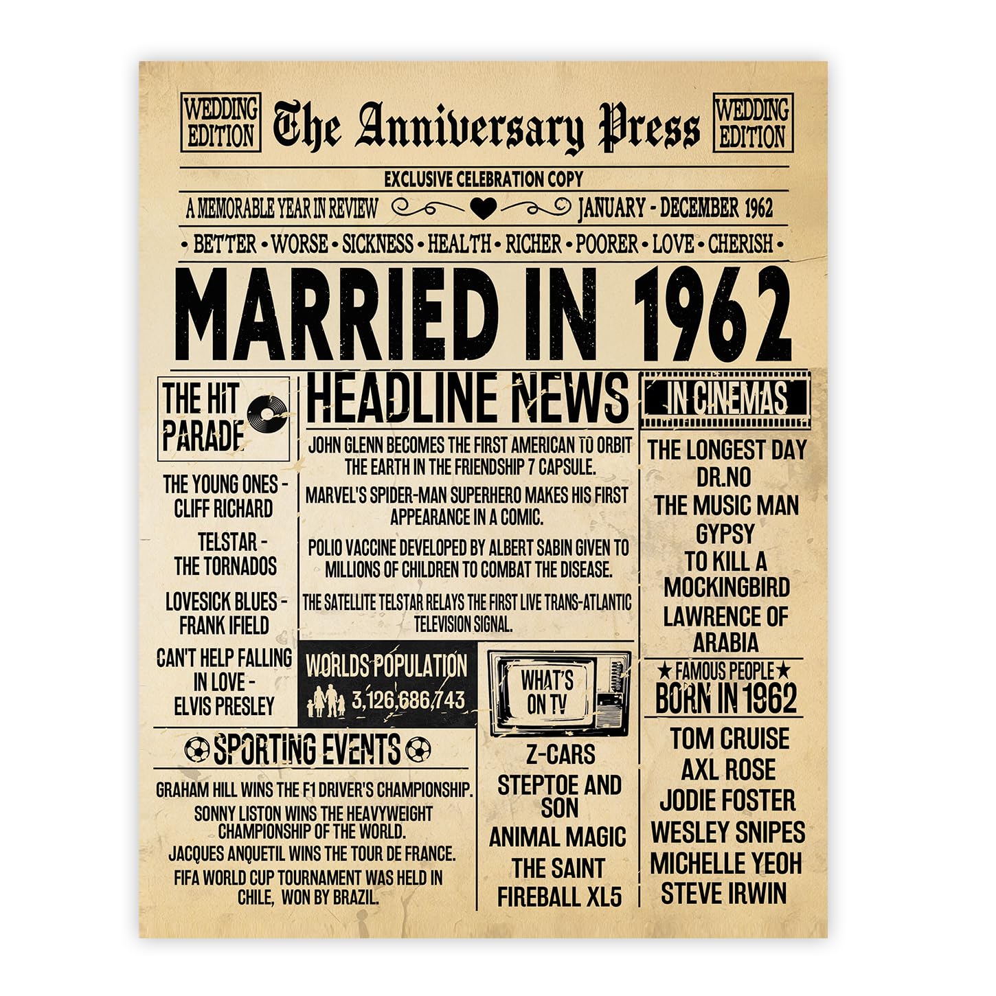 Stuff4 Men's 1962 64Th Anniversary Poster Unframed - Married In Newspaper - 64 Wedding Anniversary For Wo Retro Vintage Gifts Back In 8X10 Inch Anniversaries Posters