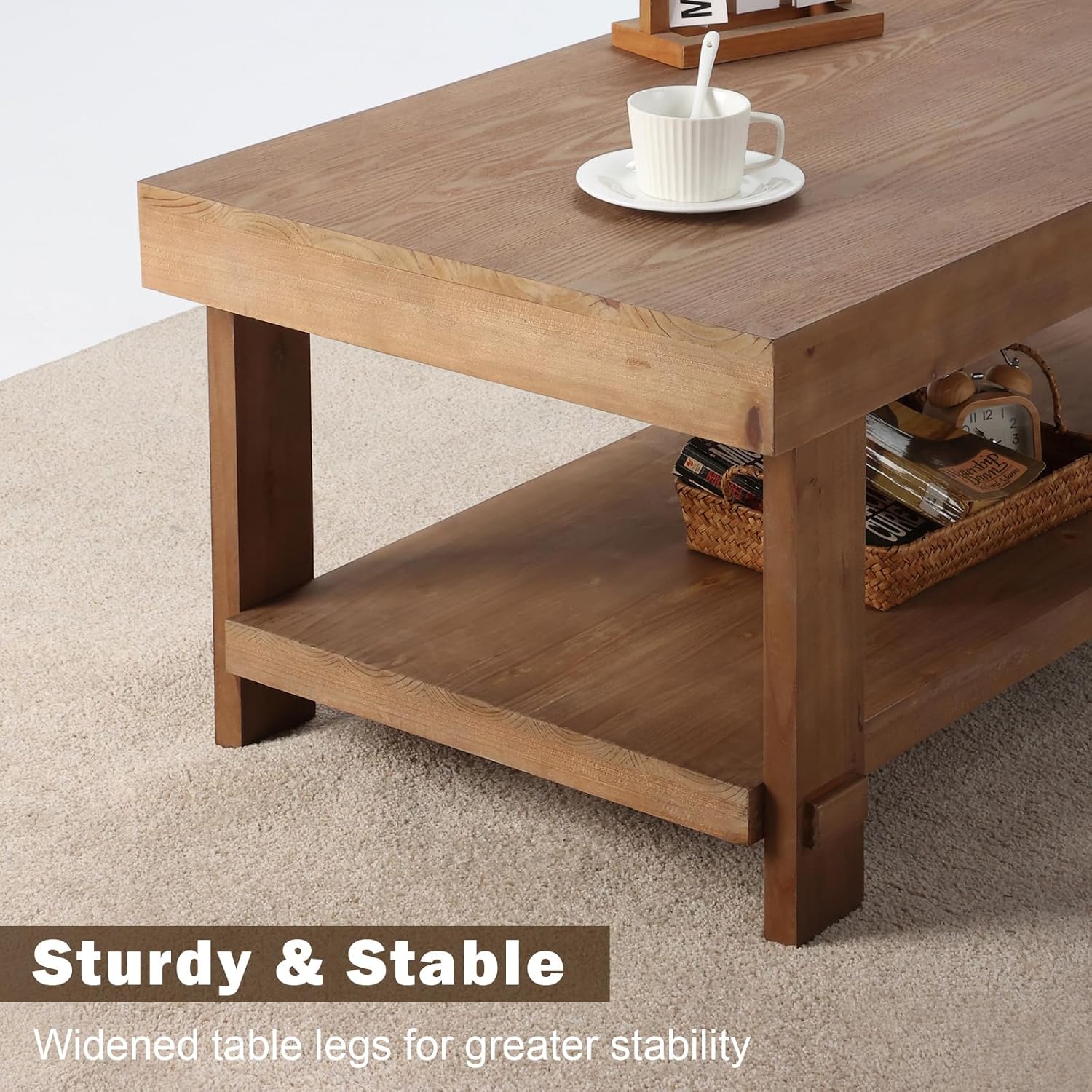 Solid Wood Coffee Table - 42.5" Farmhouse Rectangle Coffee Table Thickened Firwood Tabletop with Ash Veneer Finish, Center Tables with Storage Shelf for Living Room, Natural