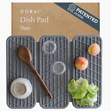 Dorai Home Dish Pad   Collapsible Kitchen Dish Drying Mat   Wrapped in Silicone Webbing to Protect Dishes   Dries Instantly   Modern and Stylish   Minimal Design to Match Any Countertop   Slate