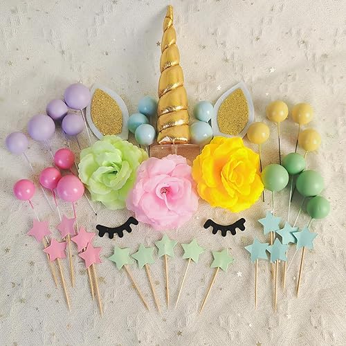 Miniatura 3 de 41 piezas de decoración de pastel de unicornio con bolas de flores, decoración de pastel de unicornio para cumpleaños de niños y niñas, suministros