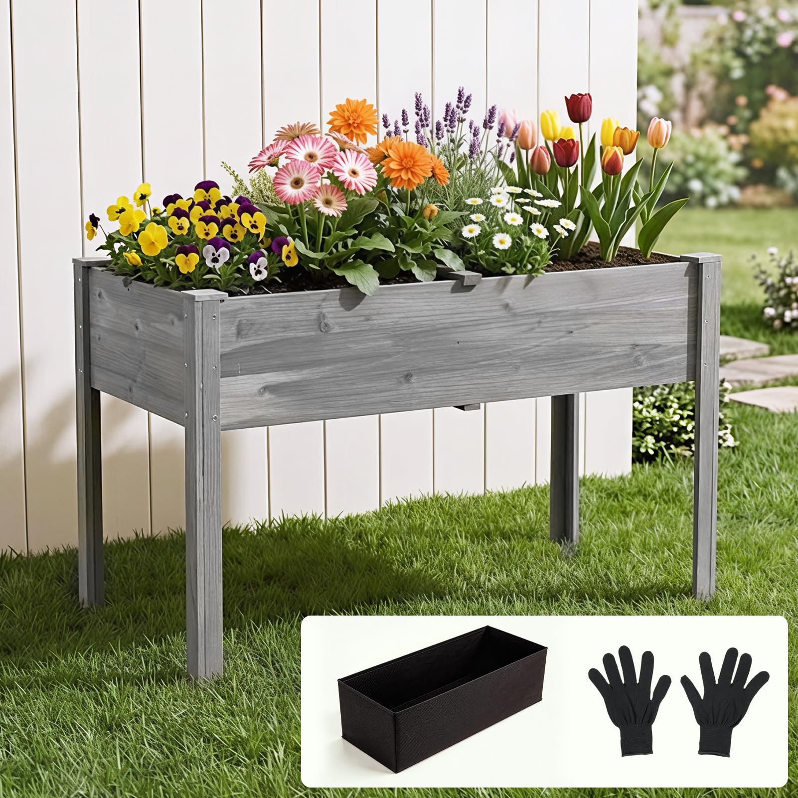Warmiehomy Wooden Raised Garden Bed with Gloves and Liner, Elevated Garden Planter Box with Legs, Outdoor Raised Bed for Vegetables, Flowers, Herbs, 110.5 X 59 X 76.5 cm, Grey