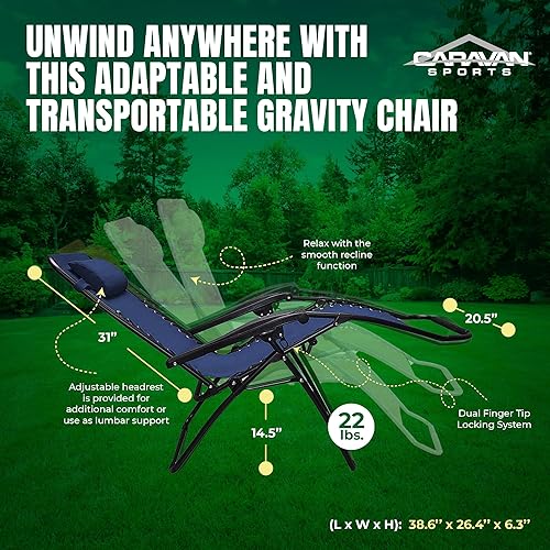 Miniatura 4 de Caravan Sports Zero Gravity - Silla reclinable portátil para exteriores, para campamento, terraza, patio, piscina, reposacabezas ajustable, color