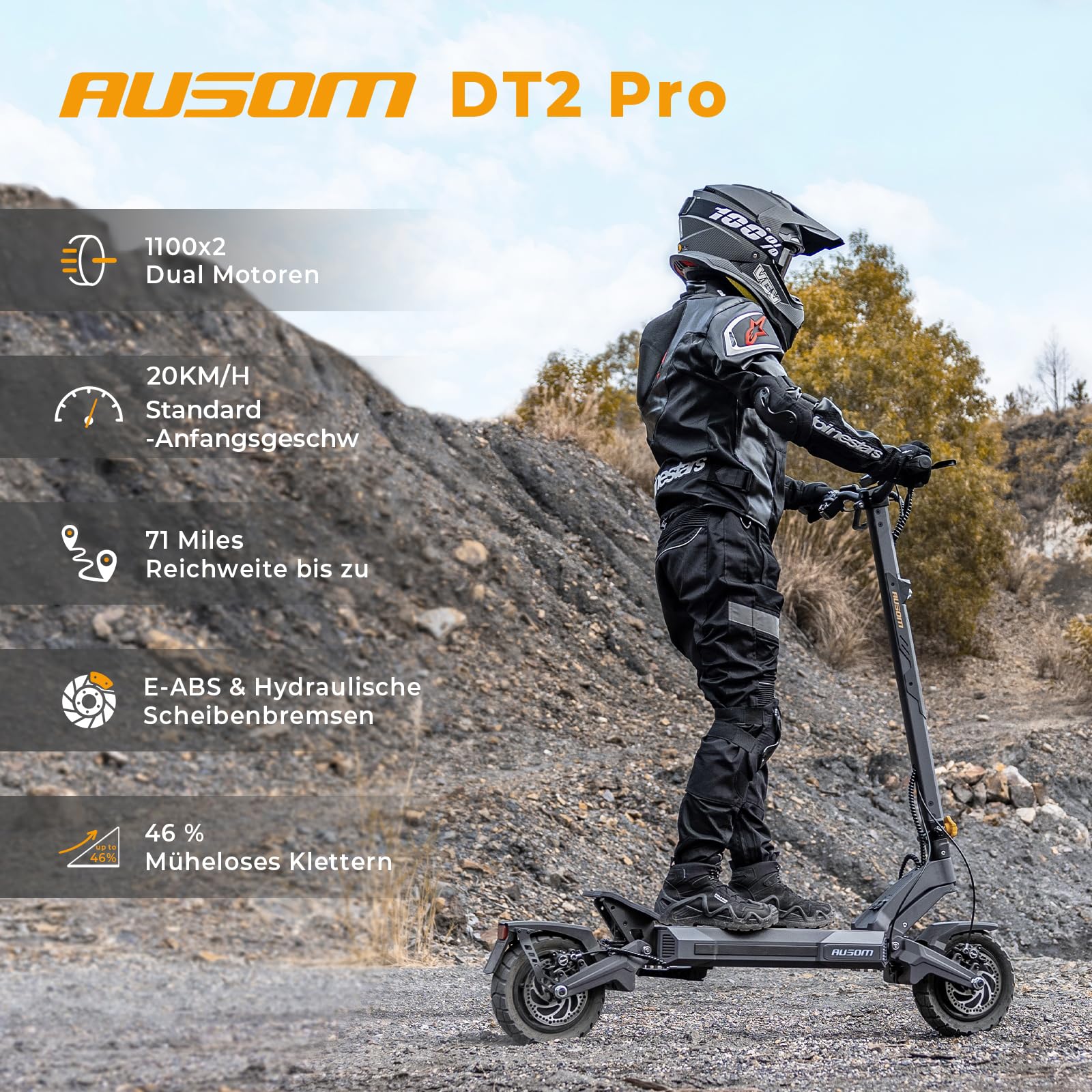 Ausom DT2 Pro E-Scooter 10'' Offroad Elektroroller mit 2200 Dual Motor, 52V 23.4Ah, 115km Reichweite, Hydraulische Doppelscheibenbremse, NFC-Diebstahlschutz – für Abenteuer & Urbanes Commuting