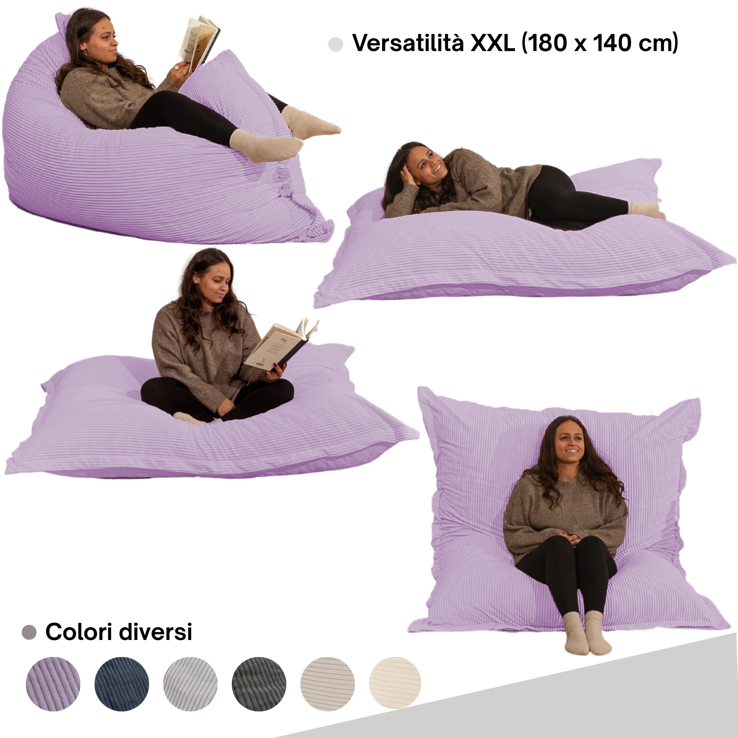 bananair - Pouf Poltrona a Sacco - Imbottitura in Schiuma, Molto Confortevole - Tessuto Morbido, Velluto a Coste - Fodera Lavabile - Pouf Divano Gigante (180 x 140 cm, Viola di Parma)