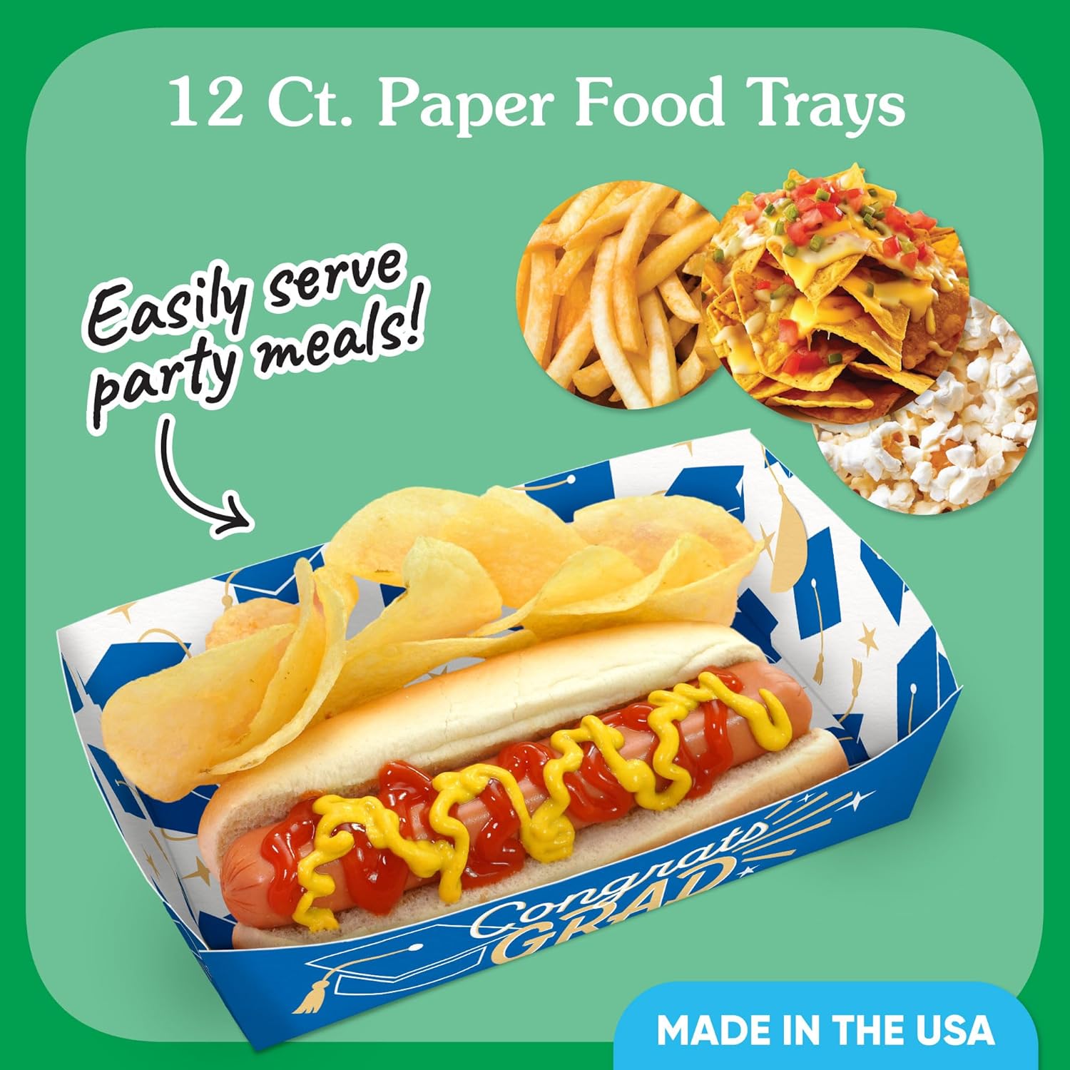 Big Dot of Happiness Graduation Paper Food Trays, Disposable Food Boats for Congrats Grad Party, Double-Sided Paper Meal Holders for Nachos, Hot Dogs, Snacks - 12 Ct (Blue)